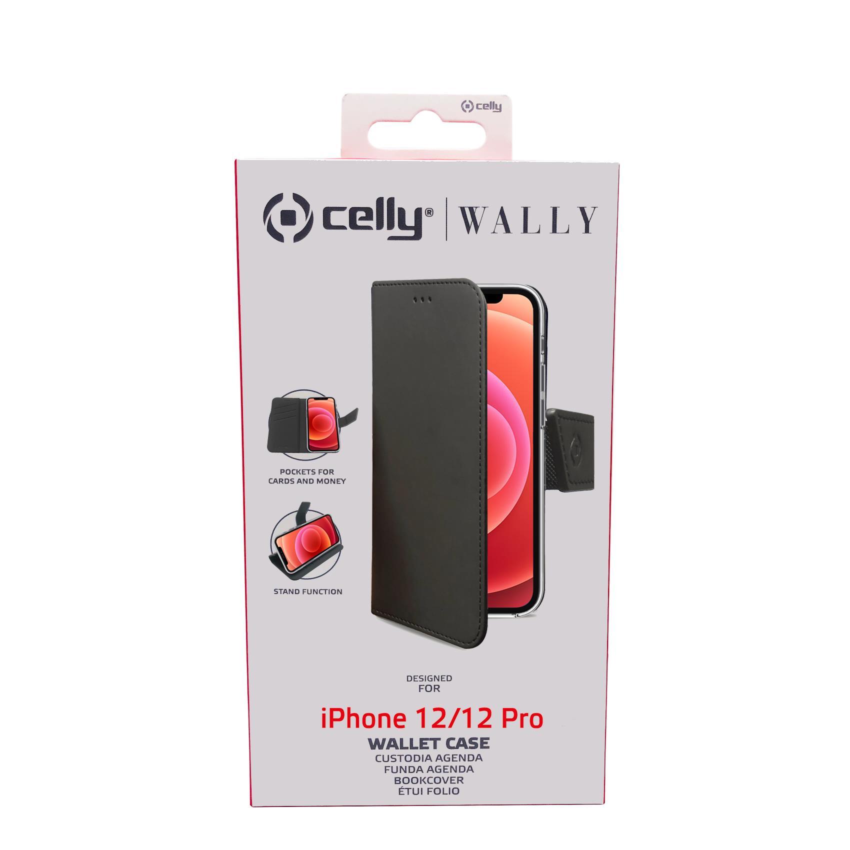 Celly Wally WALLY1004 - Flip cover per cellulare - similpelle - nero - per Apple iPhone 12, 12 Pro