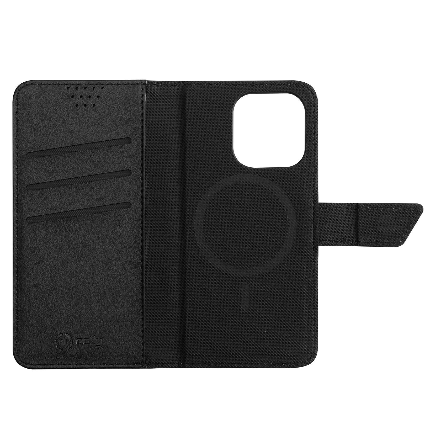 Celly Wallymag - Flip cover per cellulare - compatibile MagSafe - similpelle, plastica a guscio rigido - nero - per Apple iPhone 14 Pro