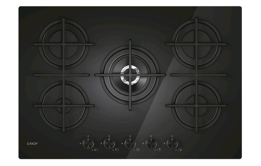 Candy CVG74WTB, Nero, Da incasso, 75 cm, Gas, Acciaio inox, 5 Fornelli