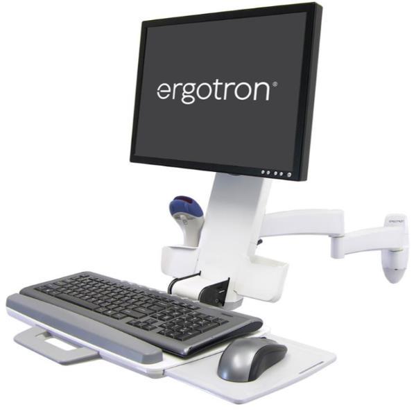 Ergotron 200 Series - Kit montaggio (braccio snodato, supporto per scanner codici a barre, ripiano per tastiera con porta-mouse sinistro/destro) - per display LCD/dotazione PC - acciaio - bianco - dimensione schermo: fino a 24" - installabile a parete