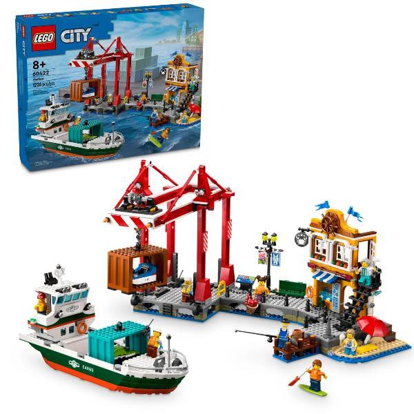 LEGO CITY PORTO E NAVE MERCI CON BARCA GRU PORTUALE FUNZIONANTE MOTO D'ACQUA E 8 MINIFIGURE