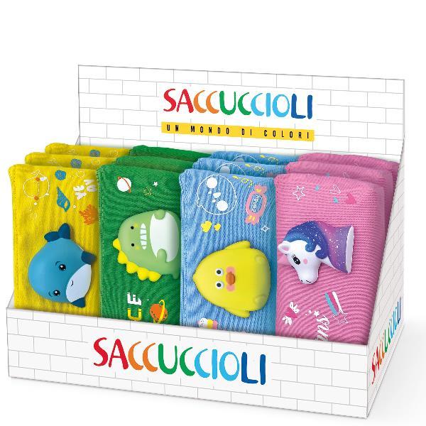 LEBEZ TASCHETTA SQUISHY ESPOSITORE ASTUCCI SACCUCCIOLI IN TESSUTO CON ZIP 21X9,5X3,5 CM COLORI ASSORTITI CONF 12 Pz.
