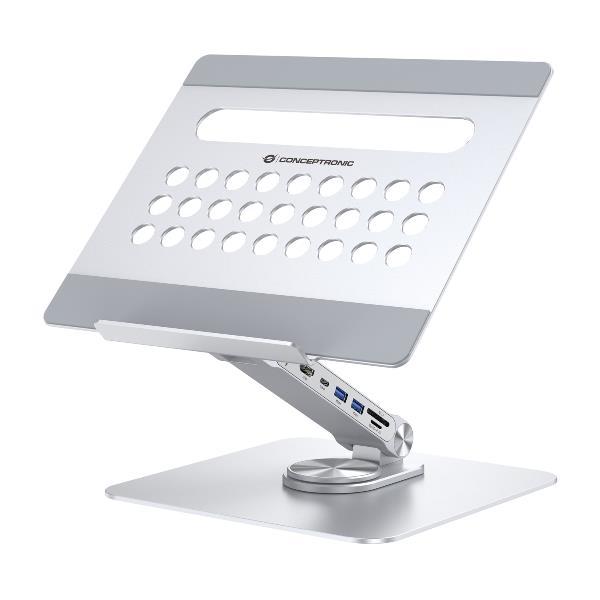 Conceptronic DONN27G, Supporto per computer portatile, Argento, Alluminio, 360°, USB 3.2 Gen 1 (3.1 Gen 1) Type-C, 5000 Mbit/s