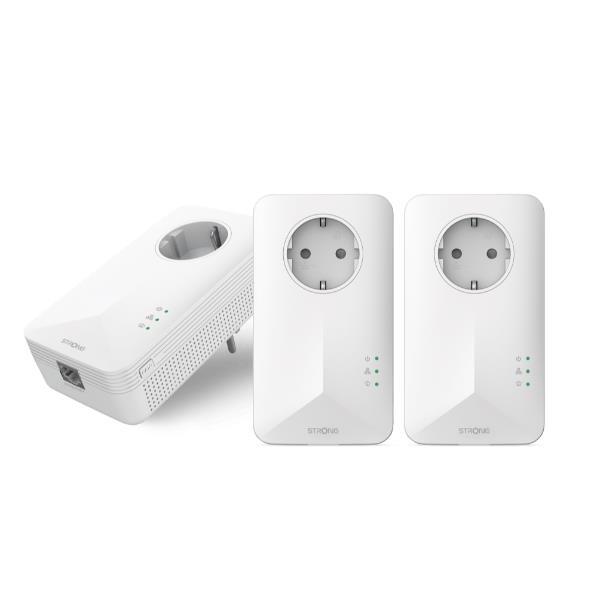 STRONG POWERLINE 1000 V2 TRIO KIT 3 POWERLINE 1000 Mbit/s RETE ELETTRICA CON PRESA DI CORRENTE SUPPLEMENTARE FILTRO ANTIRUMORE BIANCO
