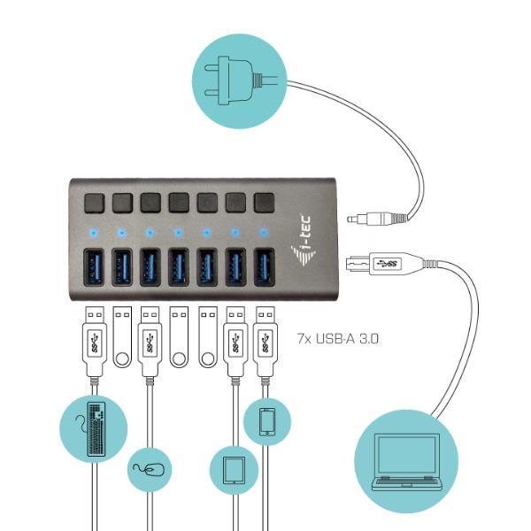 i-Tec USB 3.0 Charging HUB 7 port + Power Adapter 36 W - Hub - 7 x SuperSpeed USB 3.0 - desktop