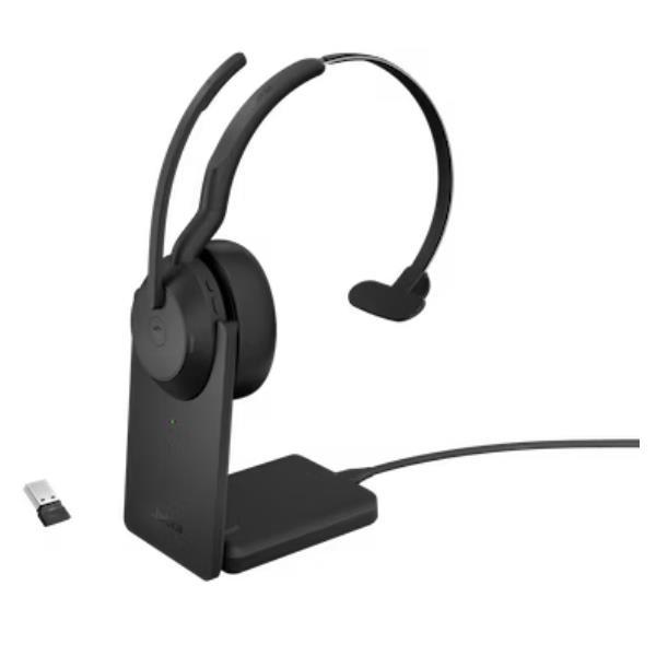 Jabra Evolve2 55 MS Mono - Cuffie con microfono - on-ear - Bluetooth - senza fili - eliminazione rumore attivata - USB-C tramite adattatore Bluetooth - nero - con supporto di ricarica - Zoom Certificato, Cisco Webex Certified, Tencent Meeting Certificato,
