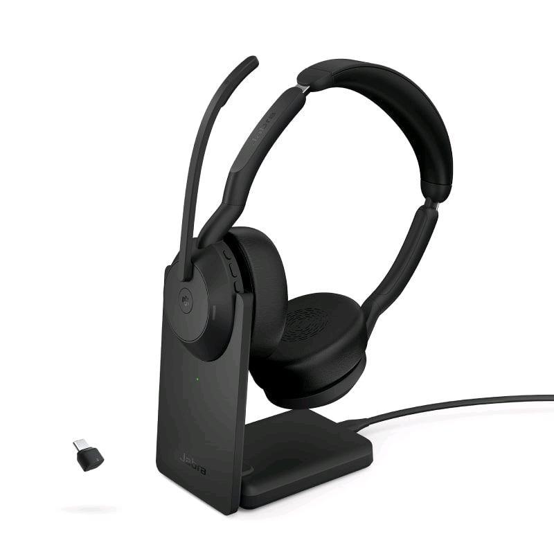 Jabra Evolve2 55 MS Stereo - Cuffie con microfono - on-ear - Bluetooth - senza fili - eliminazione rumore attivata - USB-C - nero - con supporto di ricarica - Ottimizzato per Microsoft Teams