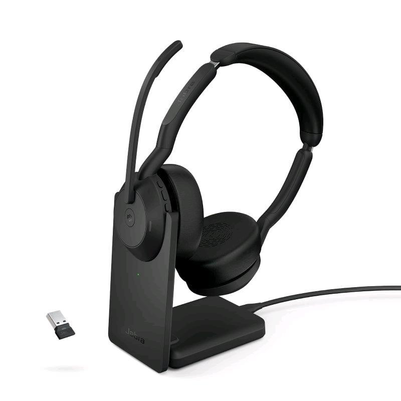 Jabra Evolve2 55 MS Stereo - Cuffie con microfono - on-ear - Bluetooth - senza fili - eliminazione rumore attivata - USB-C - nero - con supporto di ricarica - Zoom Certificato, Cisco Webex Certified, Ottimizzato per Microsoft Teams, Certificato Alcatel-Lu