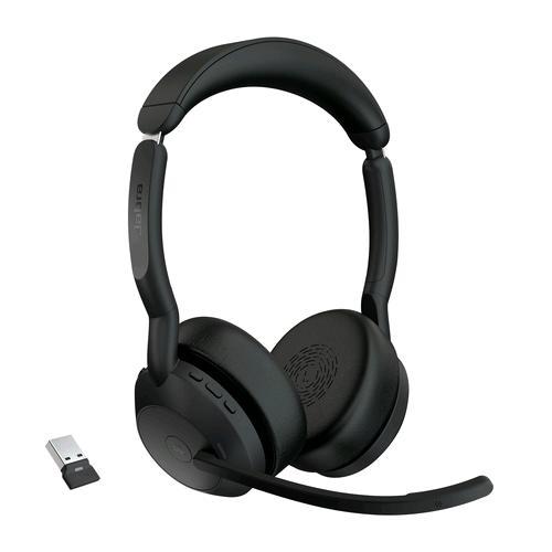 Jabra Evolve2 55 MS Stereo - Cuffie con microfono - on-ear - Bluetooth - senza fili - eliminazione rumore attivata - USB-A - nero - Zoom Certificato, Certificato per i team Microsoft, Cisco Webex Certified, Ottimizzato per UC, Certificato Alcatel-Lucent,