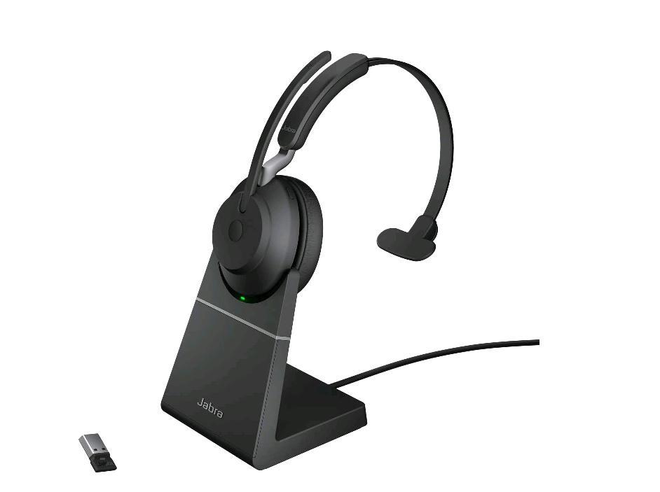 Jabra Evolve2 65 UC Mono - Cuffie con microfono - on-ear - convertibile - Bluetooth - senza fili - USB-A - isolamento dal rumore - nero - con supporto di ricarica