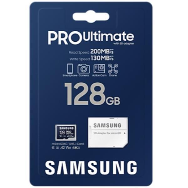 Samsung PRO Ultimate MB-MY128SA - Scheda di memoria flash (adattatore a SD in dotazione) - 128 GB - A2 / Video Class V30 / UHS-I U3 - UHS-I microSDXC - blu