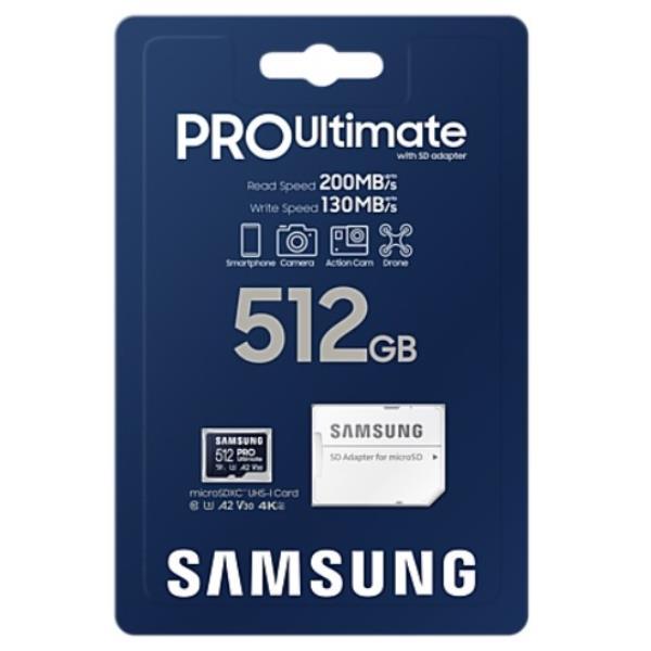 Samsung PRO Ultimate MB-MY512SA - Scheda di memoria flash (adattatore a SD in dotazione) - 512 GB - A2 / Video Class V30 / UHS-I U3 - UHS-I microSDXC - blu