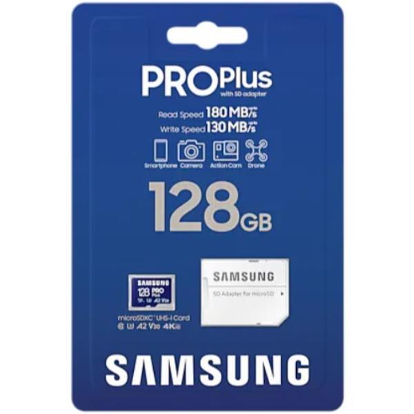 Samsung PRO Plus MB-MD128SA - Scheda di memoria flash (adattatore da microSDXC a SD in dotazione) - 128 GB - A2 / Video Class V30 / UHS-I U3 - UHS-I microSDXC - blu
