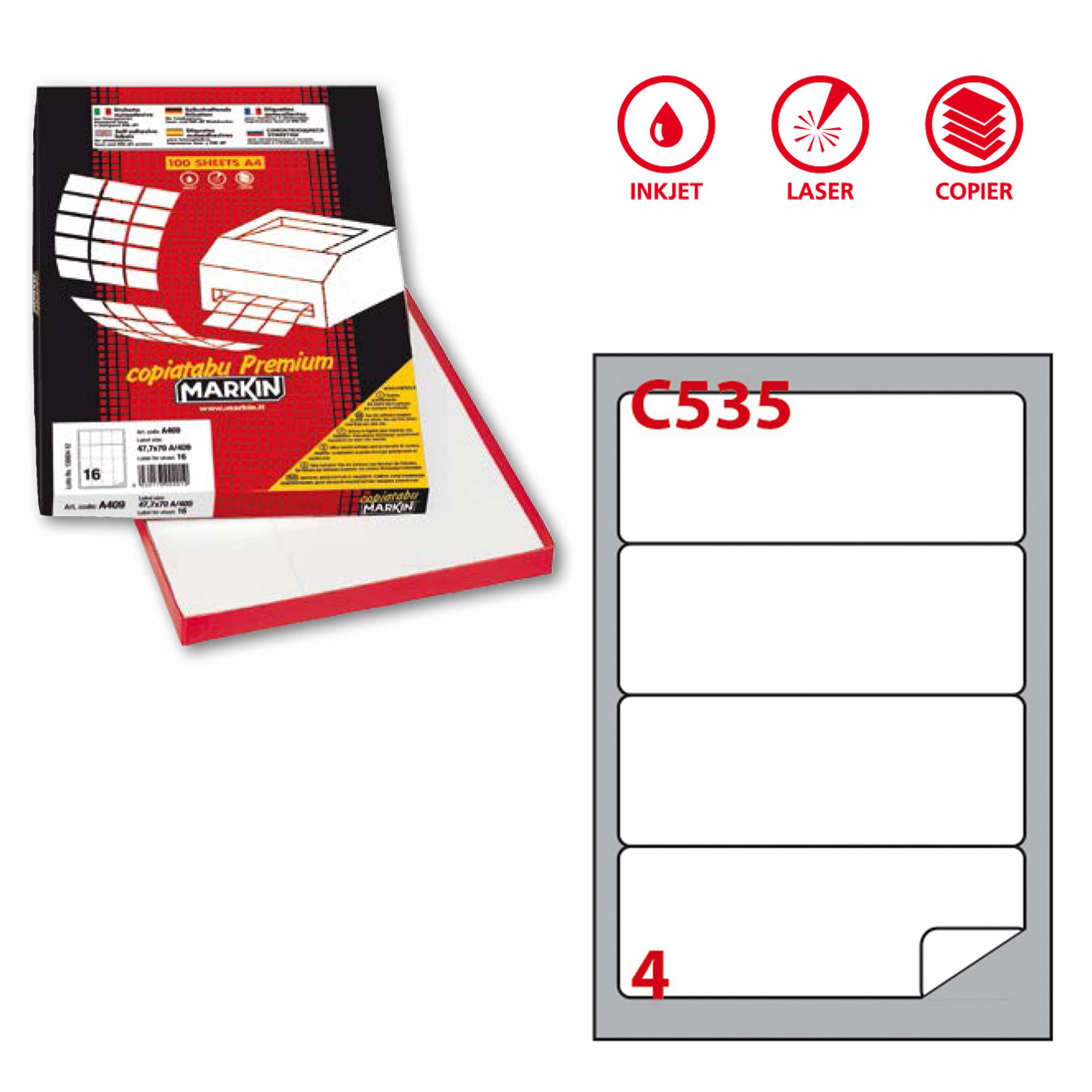 Etichette adesive C/535 - in carta - permanenti - 190 x 61 mm - 4 et/fg - 100 fogli - bianco - angoli tondi - Markin