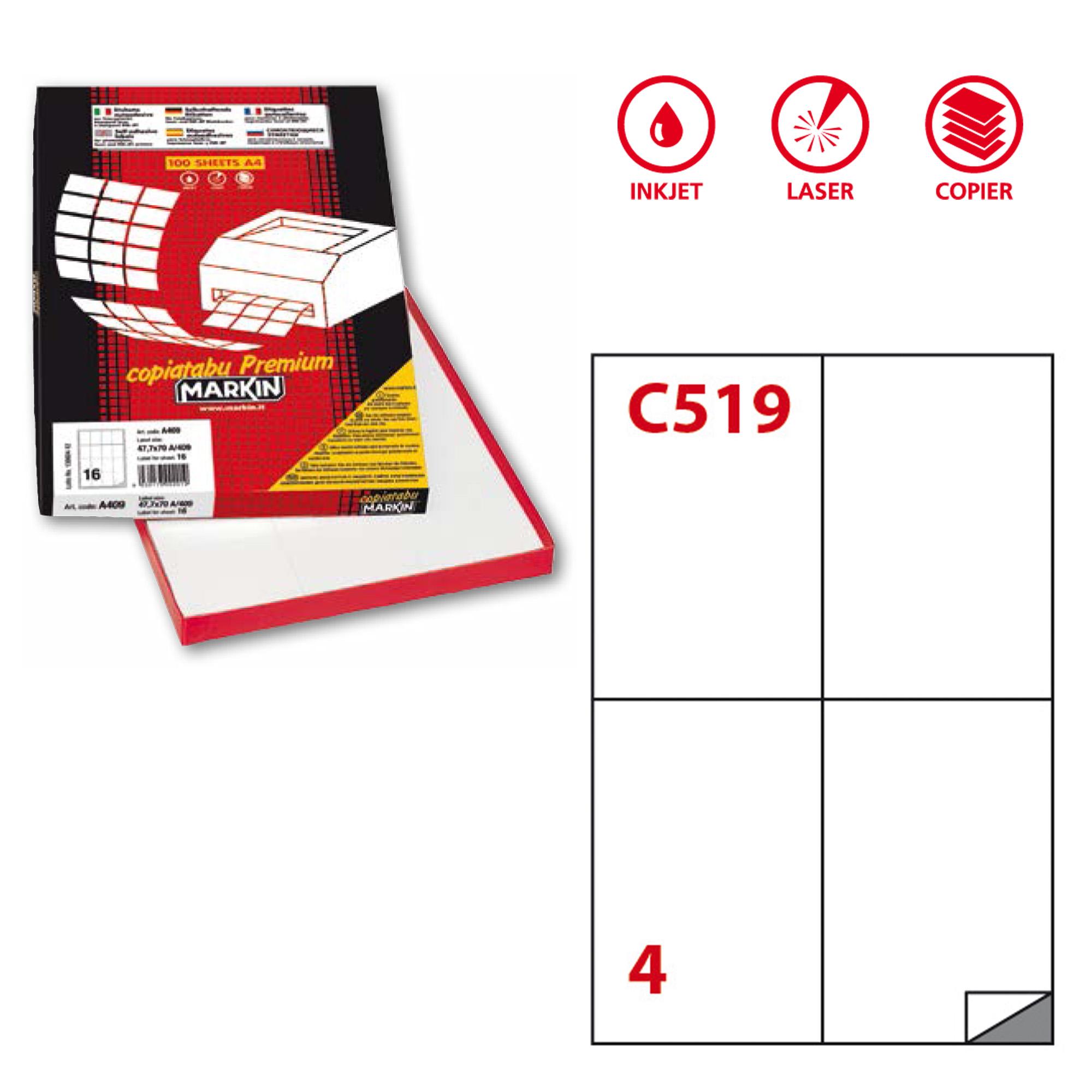 Etichette adesive C/519 - in carta - permanenti - 105 x 148,5 mm - 4 et/fg - 100 fogli - bianco - Markin