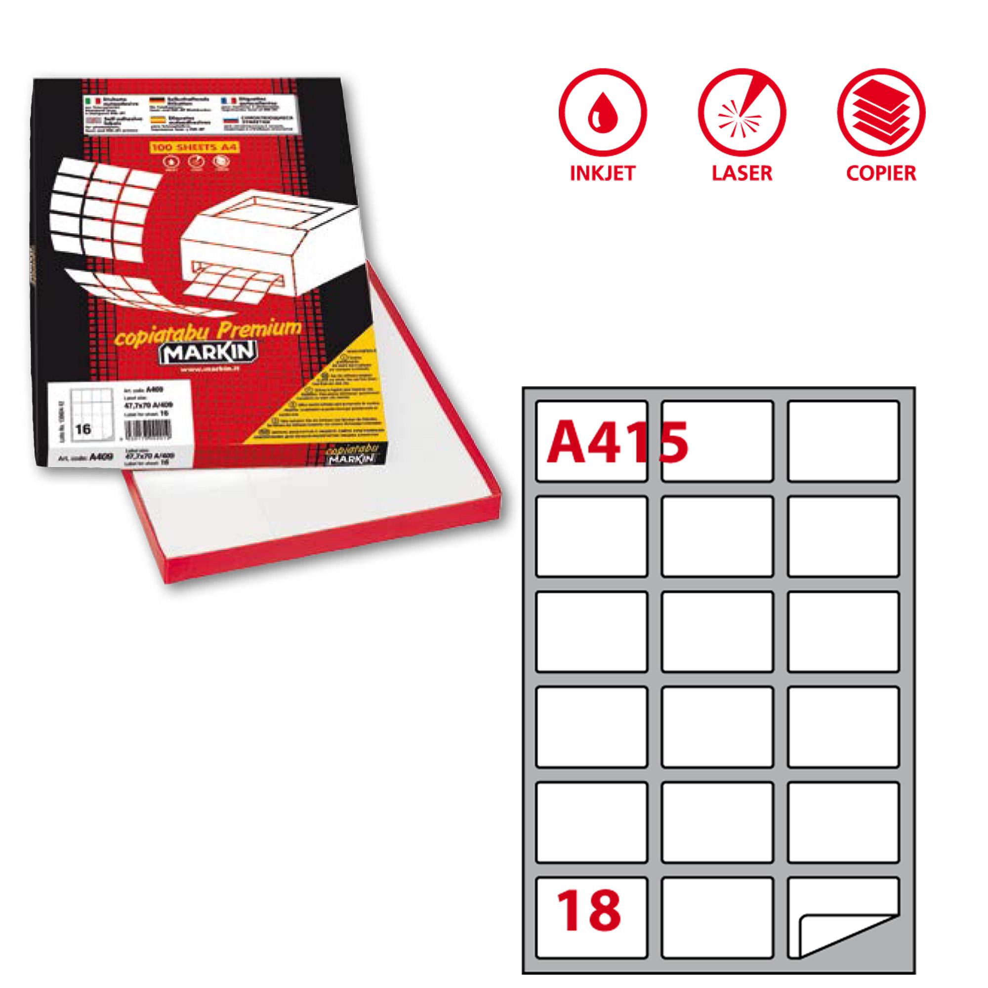 Etichette adesive A/415 - in carta - permanenti - 63,5 x 46,6 mm - 18 et/fg - 100 fogli - bianco - angoli tondi - Markin