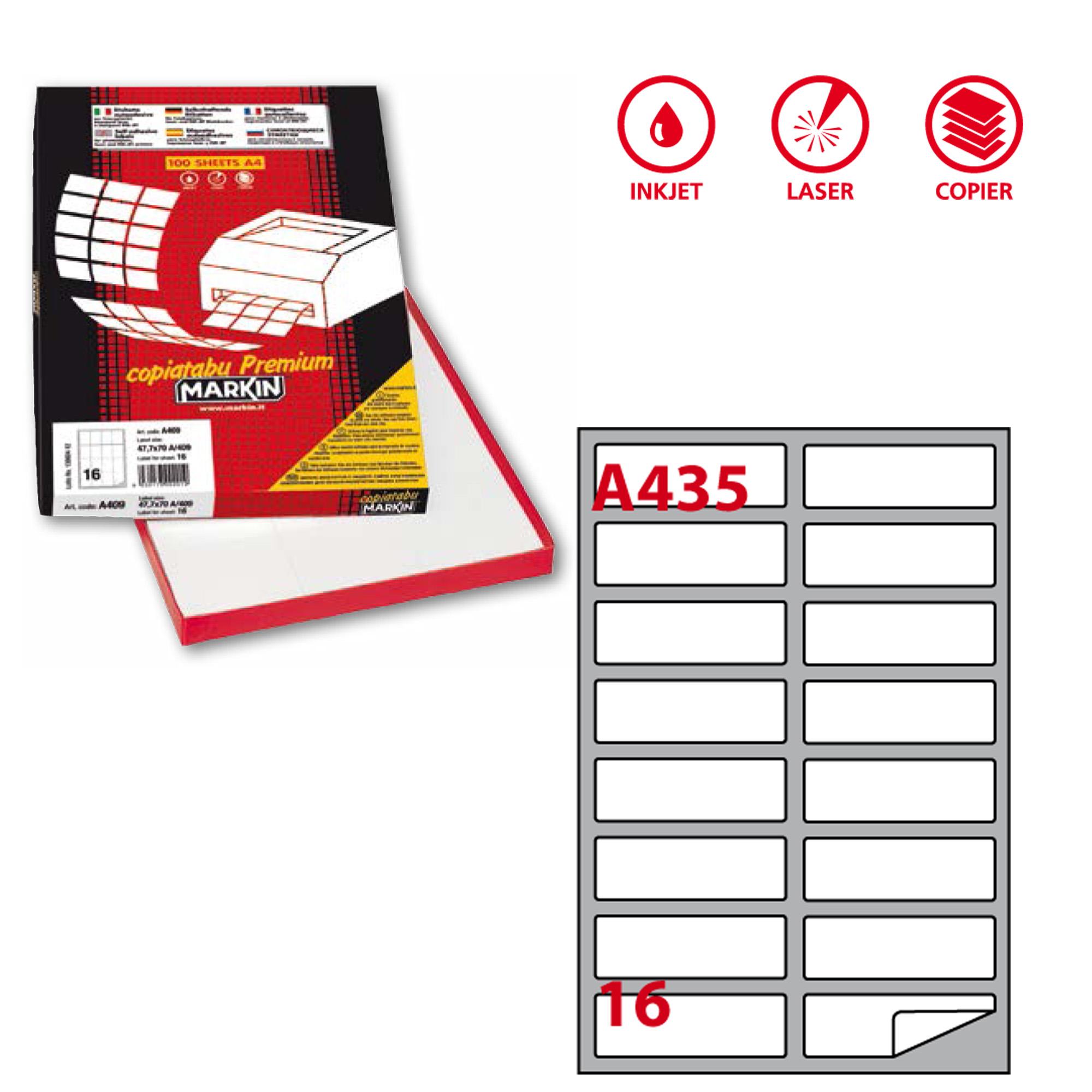 Etichette adesive A/435 - in carta - permanenti - 99,1 x 34 mm - 16 et/fg - 100 fogli - bianco - angoli tondi - Markin