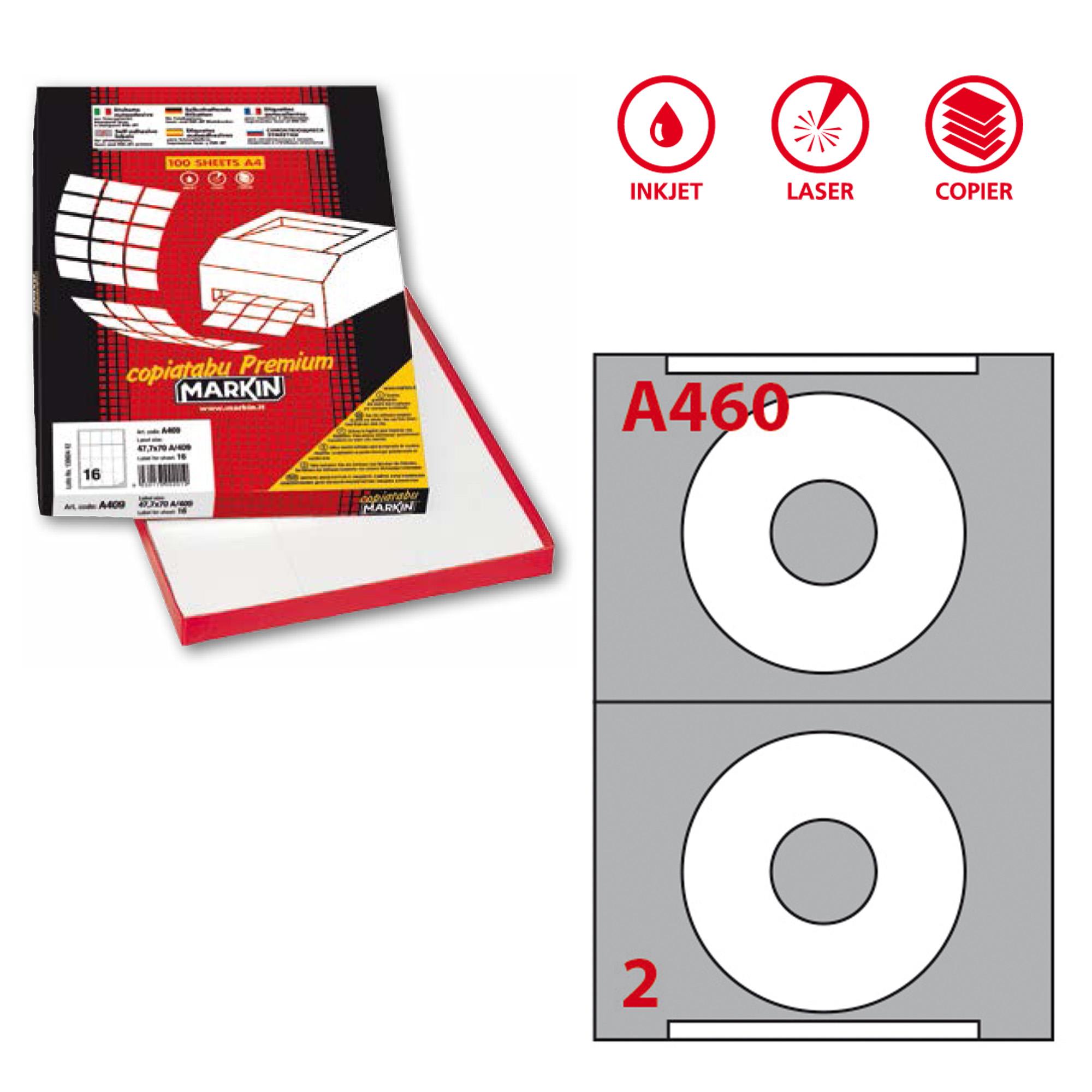 Etichette adesive A/460 - in carta - permanenti - diametro CD 114,5 mm - foro 41 mm - 2 et/fg - 100 fogli - bianco - Markin