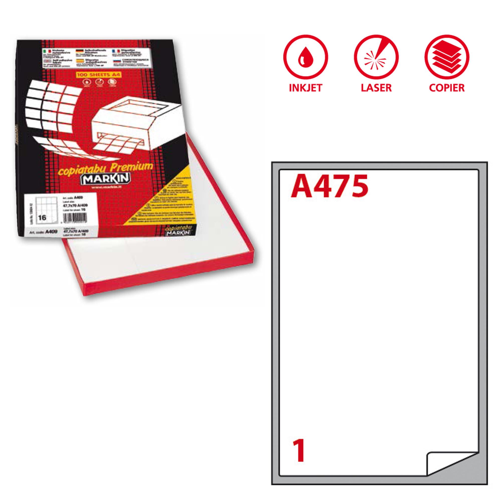 Etichette adesive A/475 - in carta - permanenti - 199,6 x 289,1 mm - 1 et/fg - 100 fogli - bianco - angoli tondi - Markin