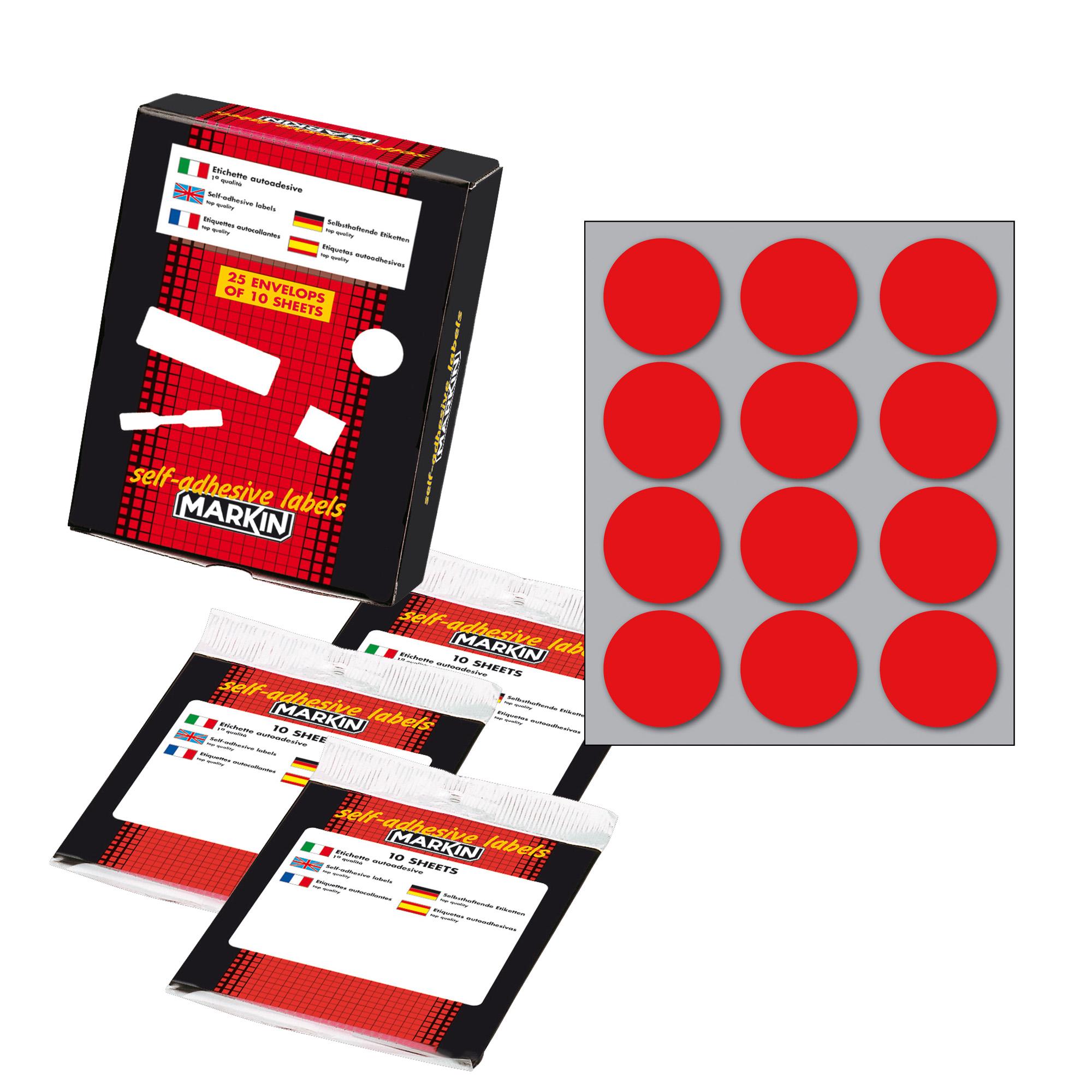 Etichette adesive tonde - in carta - permanenti - diametro 34 mm - 12 et/fg - 10 fogli - rosso - Markin