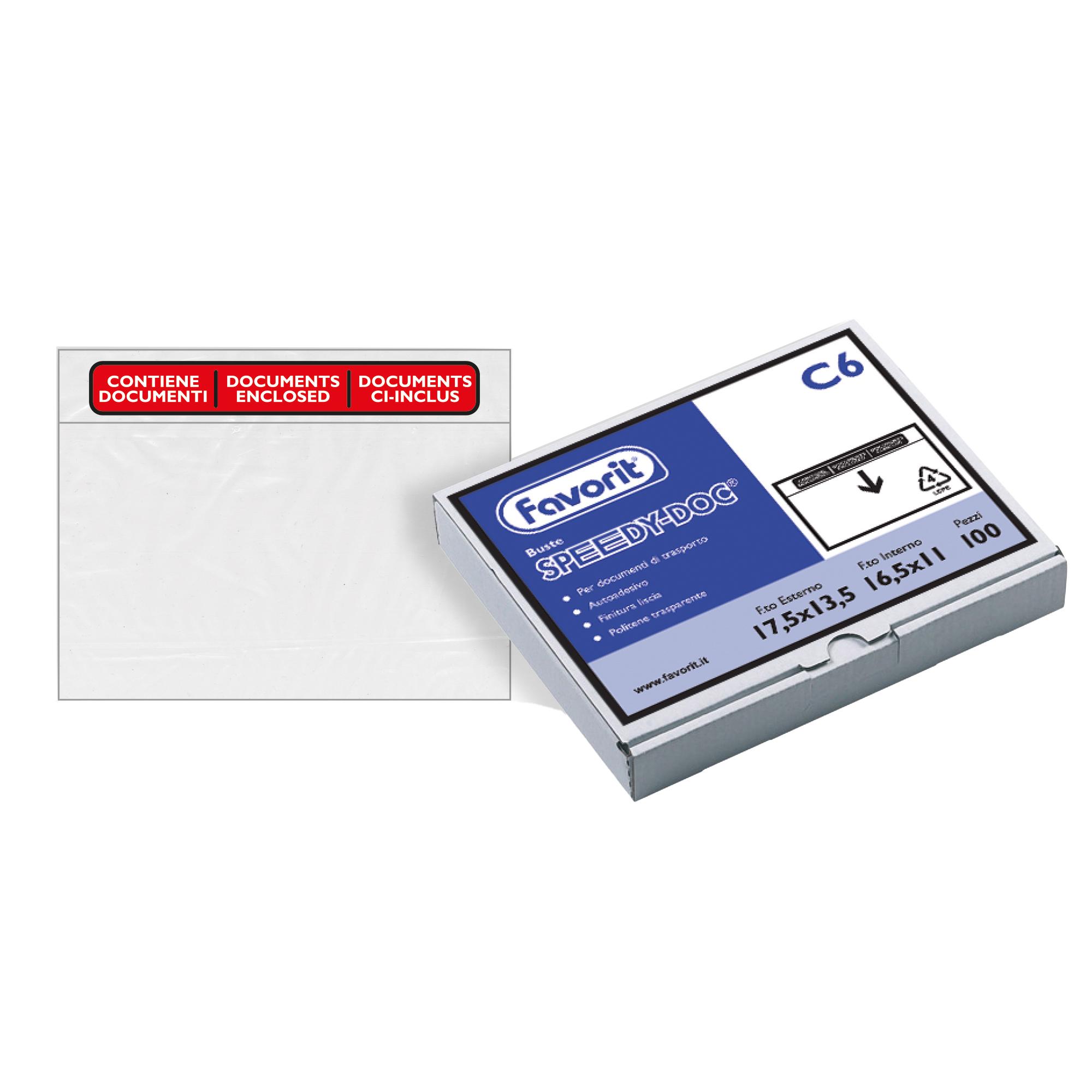 Busta adesiva Speedy Doc - con stampa "contiene documenti" - C6 (16,5 x 11 cm) - PPL/PE - trasparente - Favorit - conf. 100 pezzi