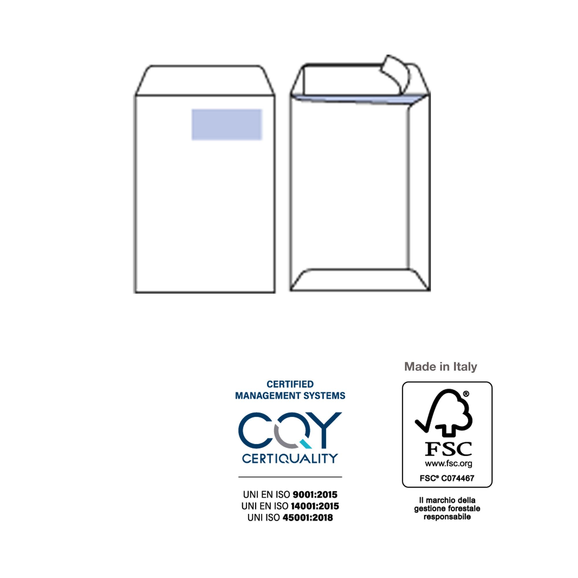 Busta a sacco Competitor FSC - strip adesivo - con finestra - 23 x 33 cm - 100 gr - bianco - Pigna Envelopes - conf. 500 pezzi