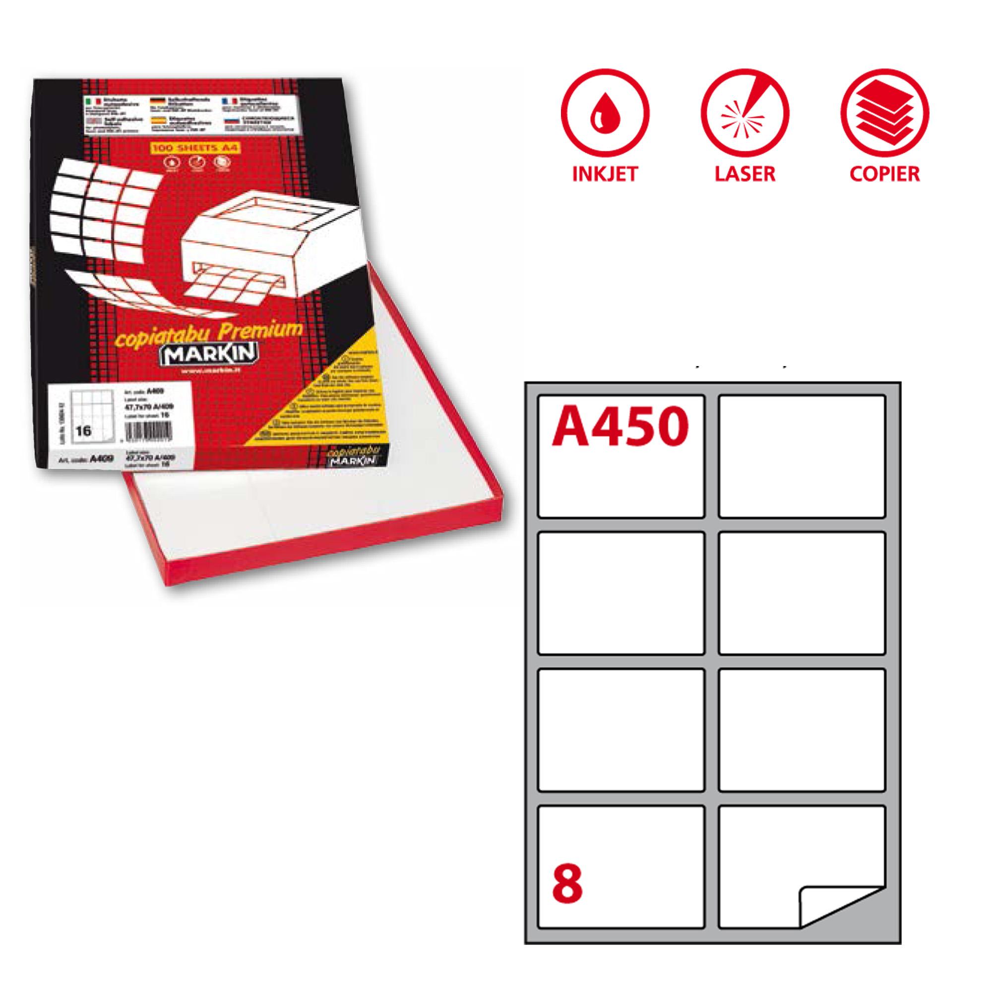 Etichette adesive A/450 - in carta - permanenti - 99,1 x 67,7 mm - 8 et/fg - 100 fogli - bianco - angoli tondi - Markin