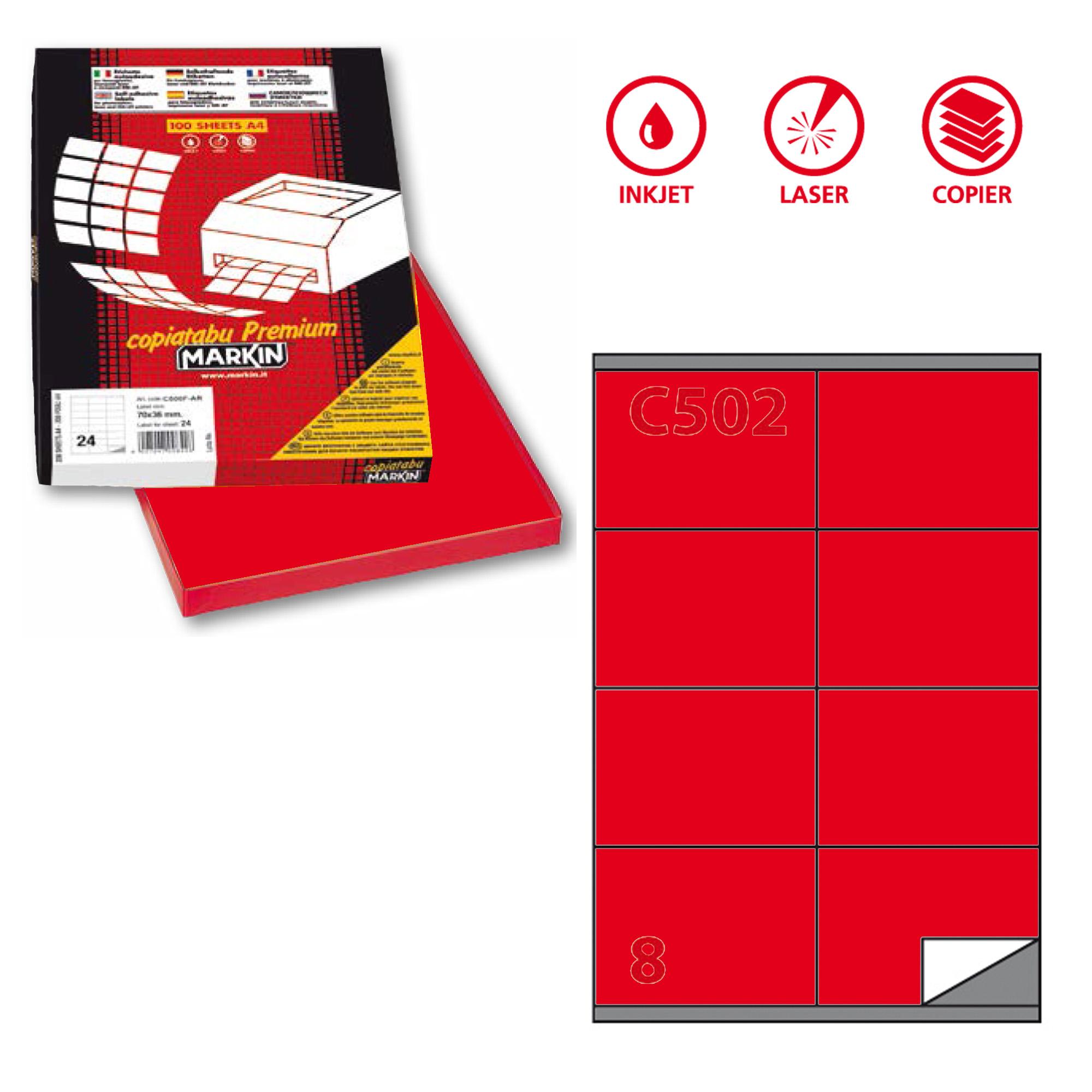 Etichette adesive C/502 - in carta - permanenti - 105 x 72 mm - 8 et/fg - 100 fogli - rosso - Markin