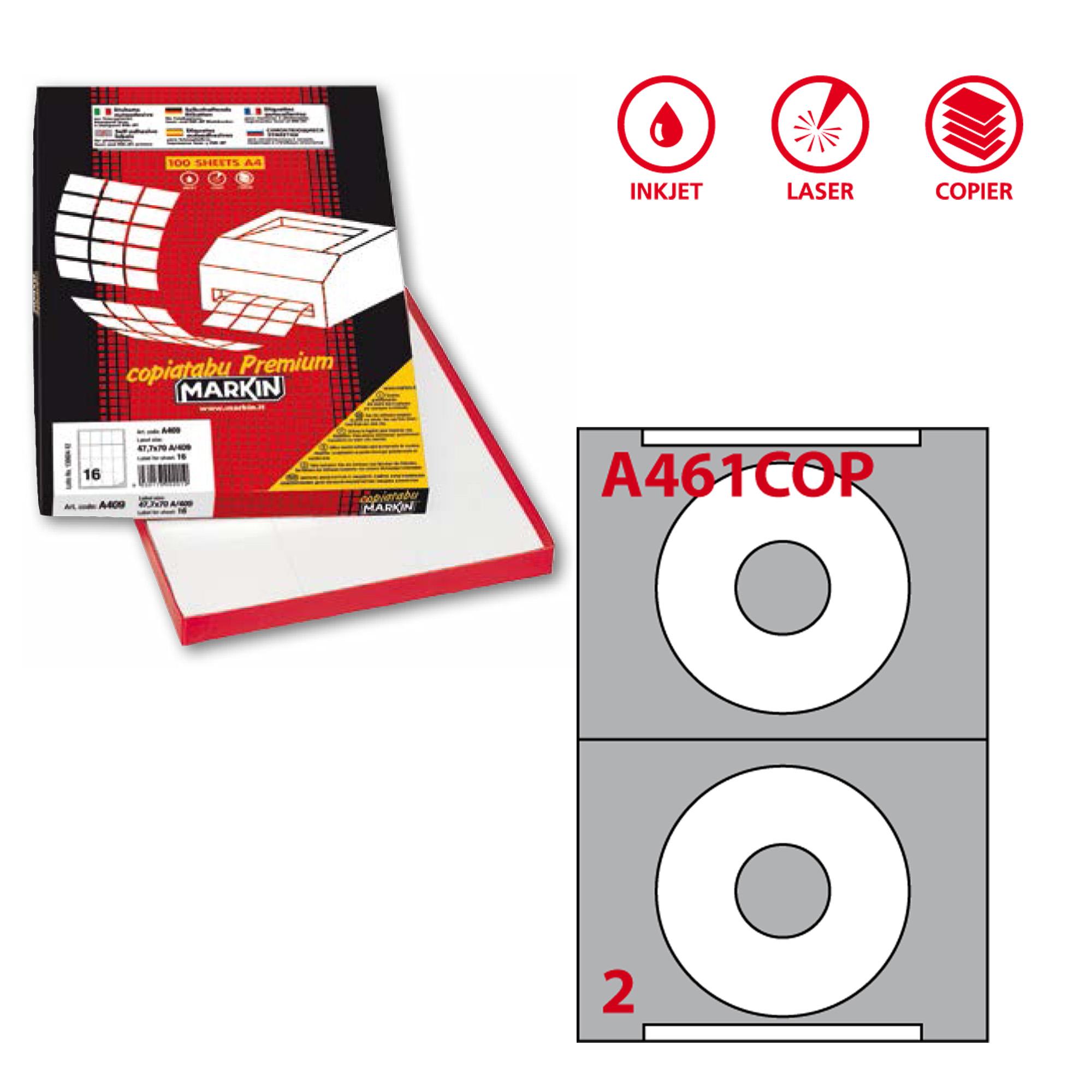 Etichette adesive A/461 - in carta - permanenti - diametro CD 114,5 mm - foro 41 mm - 2 et/fg - 100 fogli - bianco coprente - Markin