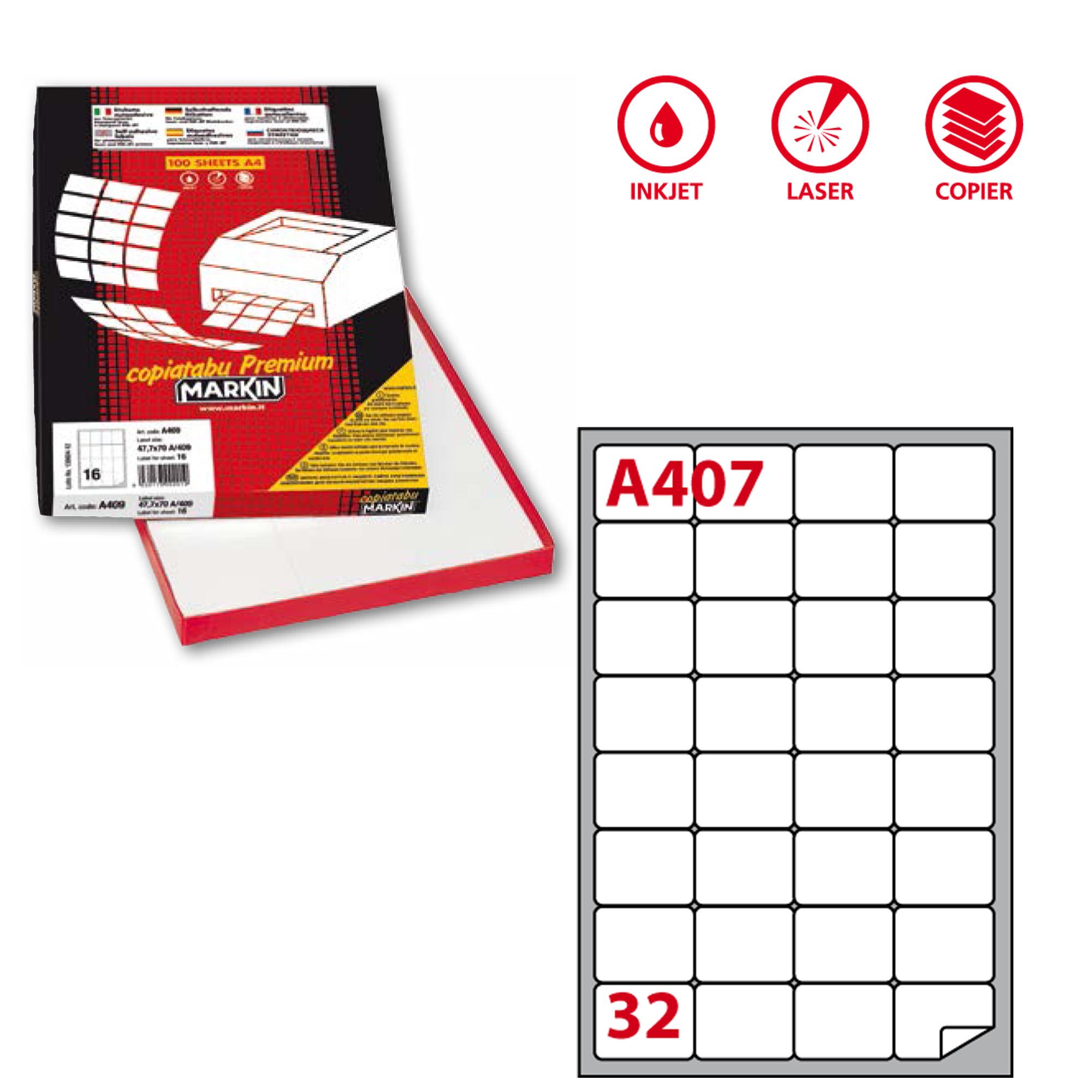 Etichette adesive A/407 - in carta - permanenti - 47,5 x 35 mm - 32 et/fg - 100 fogli - bianco - angoli tondi - Markin