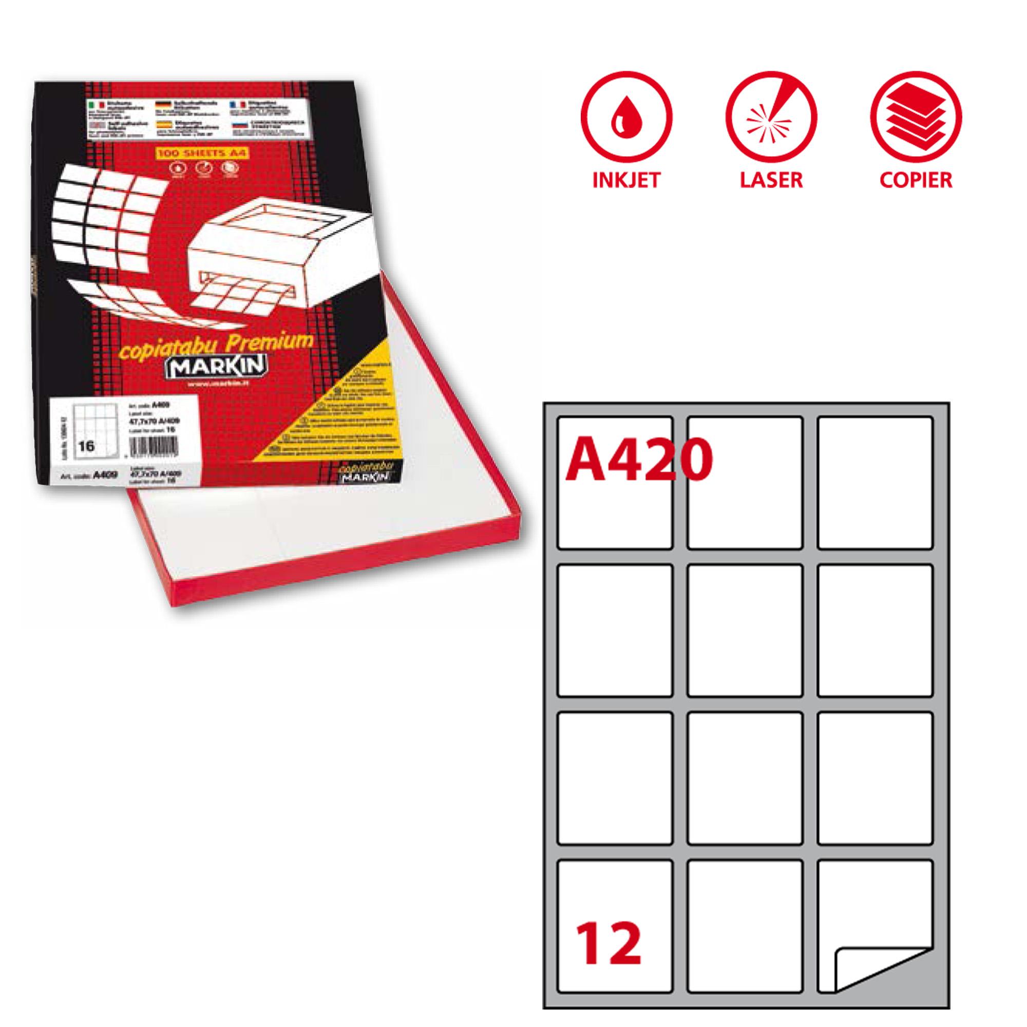 Etichette adesive A/420 - in carta - permanenti - 63,5x72 mm - 12 et/fg - 100 fogli - bianco - angoli tondi - Markin
