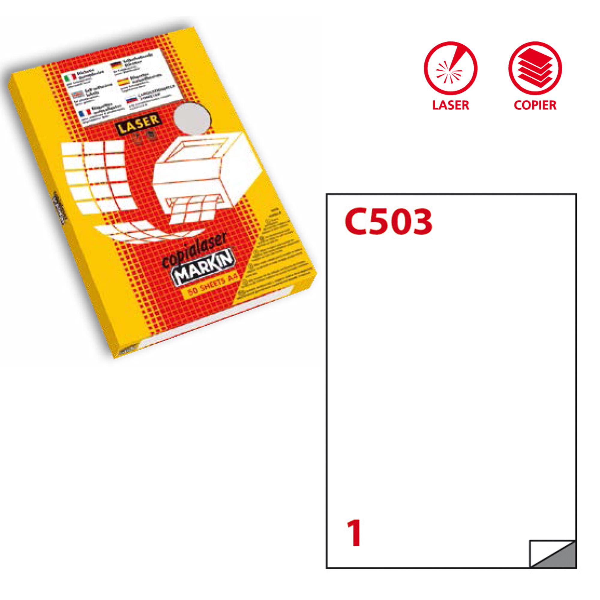 Etichette adesive C/503 - in poliestere - permanenti - 210 x 297 mm - 1 et/fg - 50 fogli - trasparente opaco - x laser - Markin