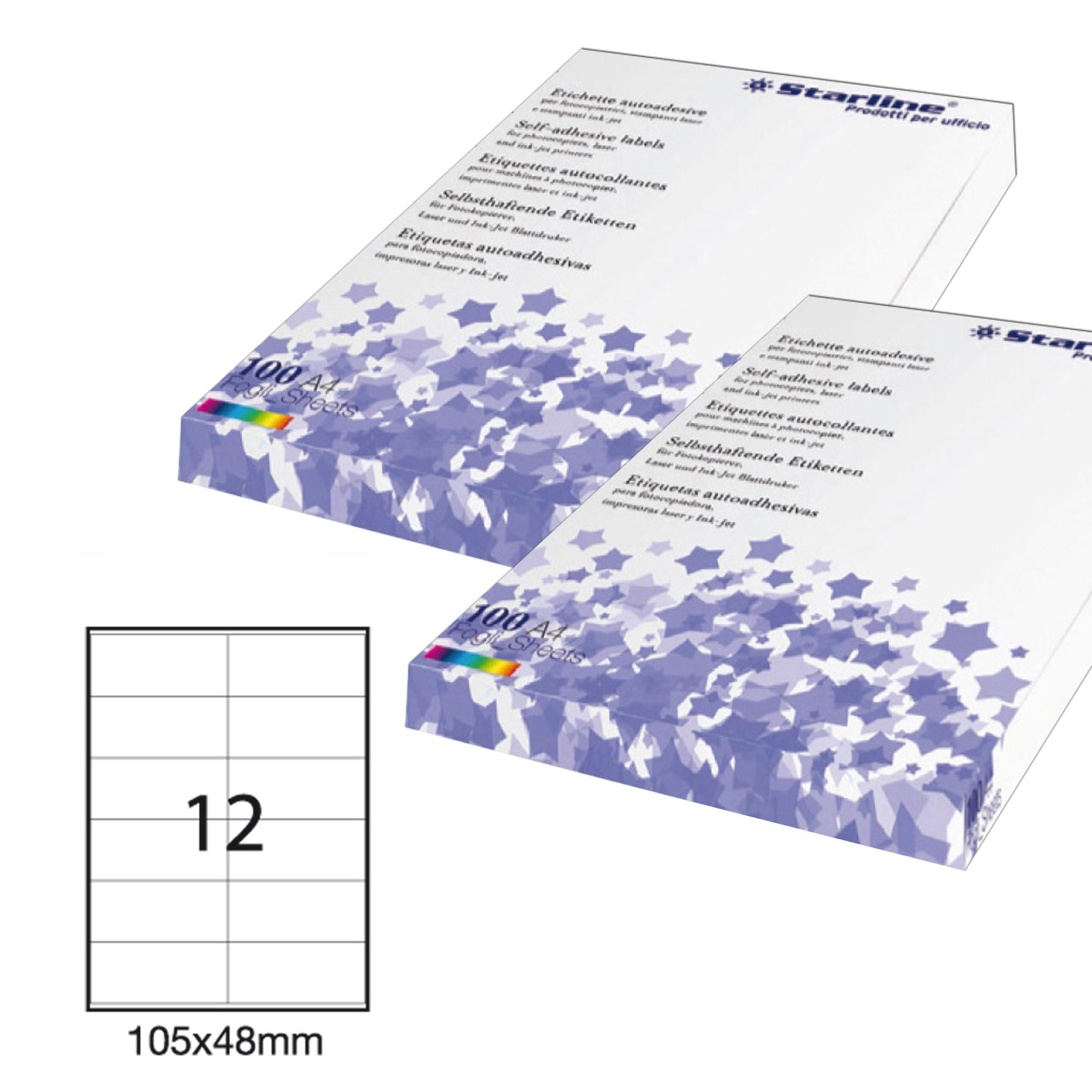 Etichette adesive - in carta - permanenti - 105 x 48 mm - 12 et/fg - 100 fogli - bianco - Starline