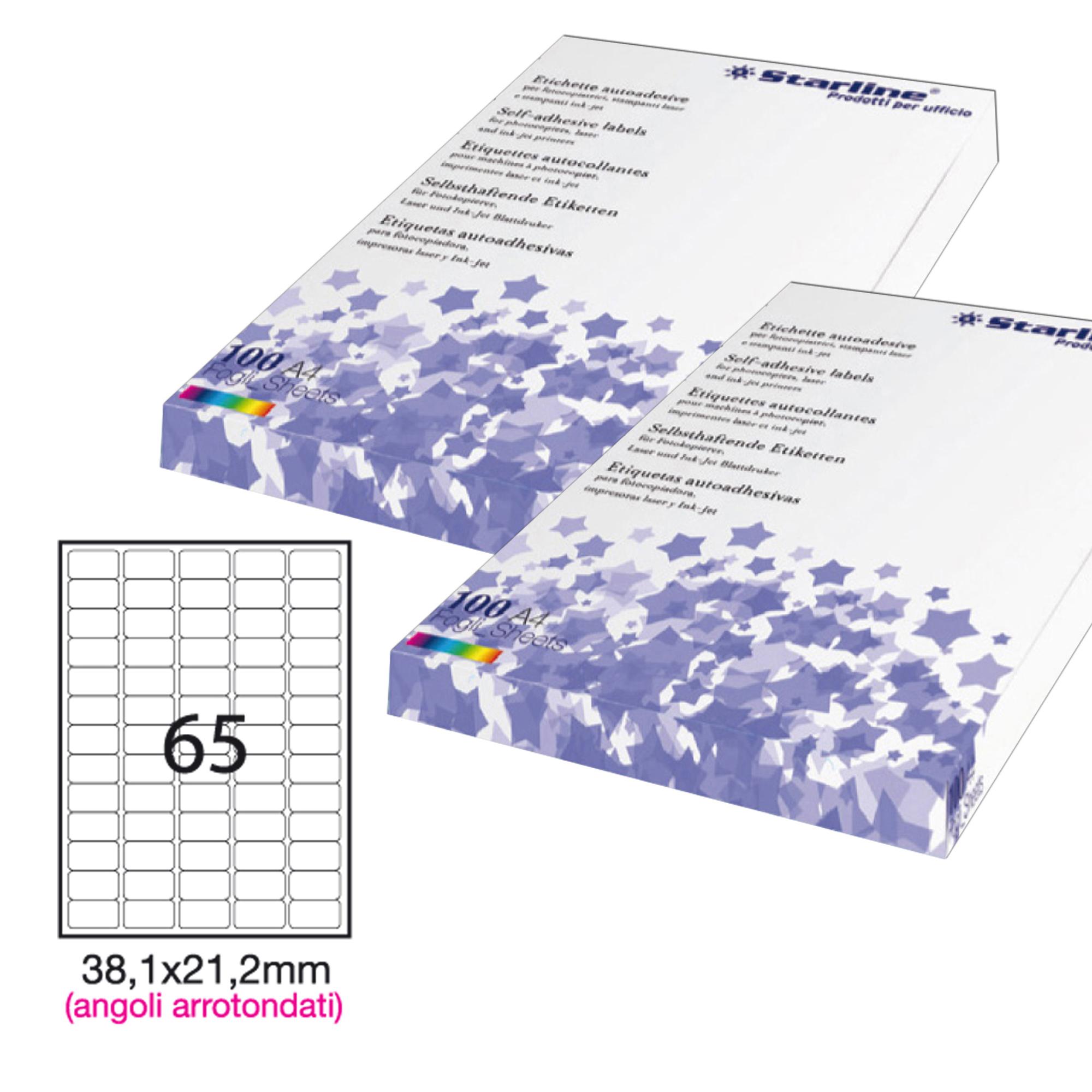 Etichette adesive - in carta - angoli arrotondati - permanenti - 38,1 x 21,2 mm - 65 et/fg - 100 fogli - bianco - Starline