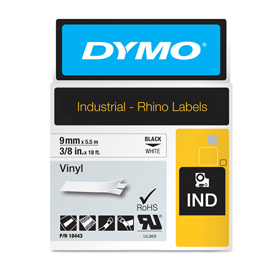 Nastro Rhino 18443 - 9 mm x 5,5 mt - vinile - permanente - nero/bianco - Dymo