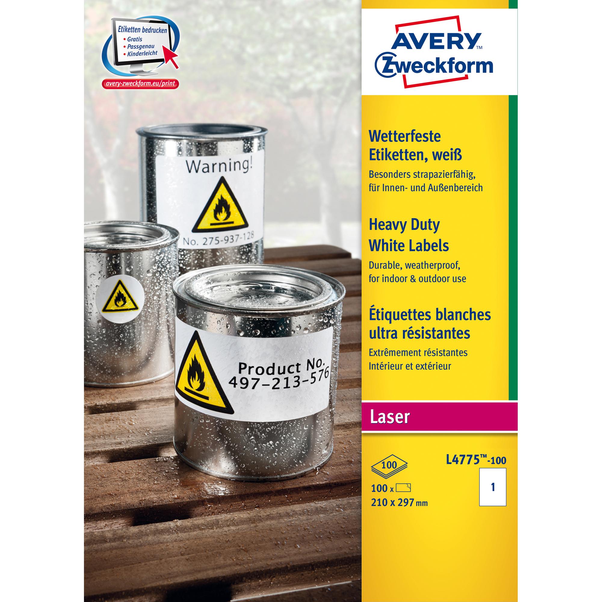 Etichette adesive L4775 - in PE - laser - permanenti - 210 x 297 mm - 1 et/fg - 100 fogli - bianco - Avery