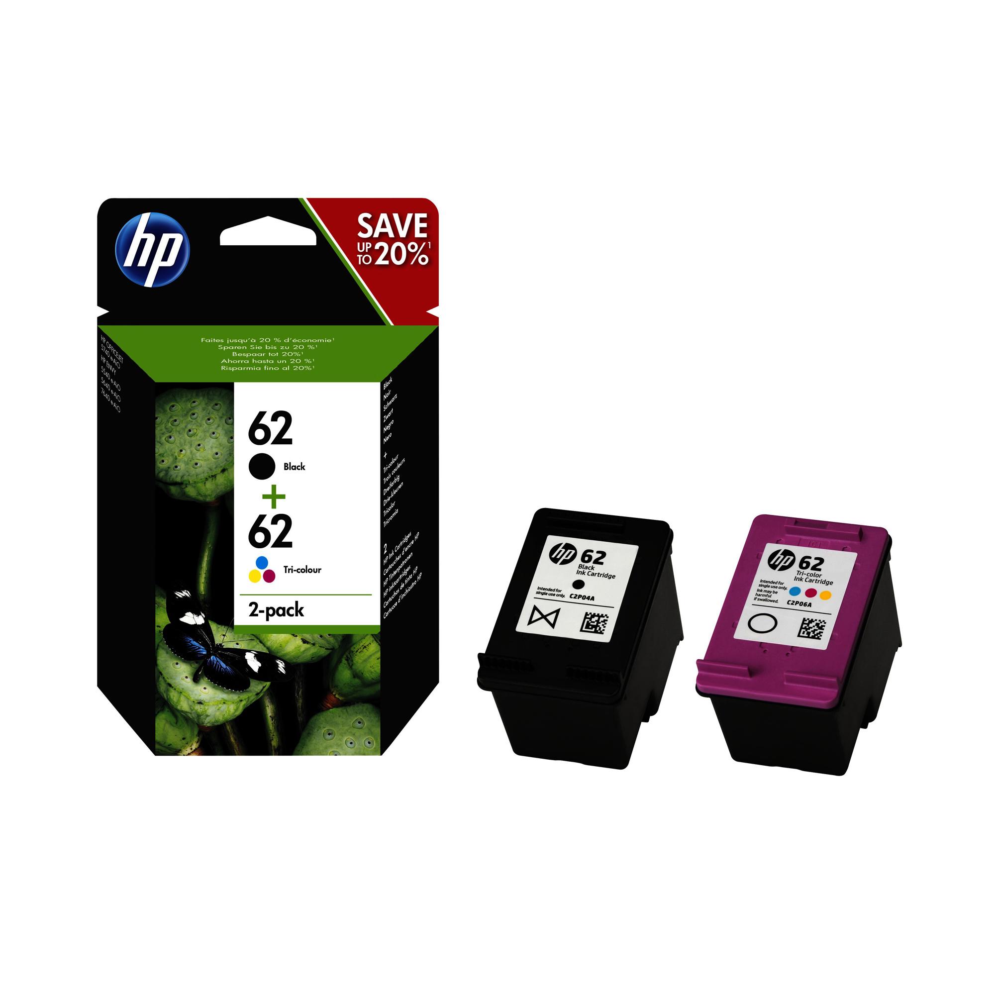 HP 62 - Confezione da 2 - colore (ciano, magenta, giallo), pigmento nero - originale - nero, colore (ciano, magenta, giallo) - blister - cartuccia d'inchiostro - per ENVY 55XX, 56XX, 76XX; Officejet 252, 57XX, 8040