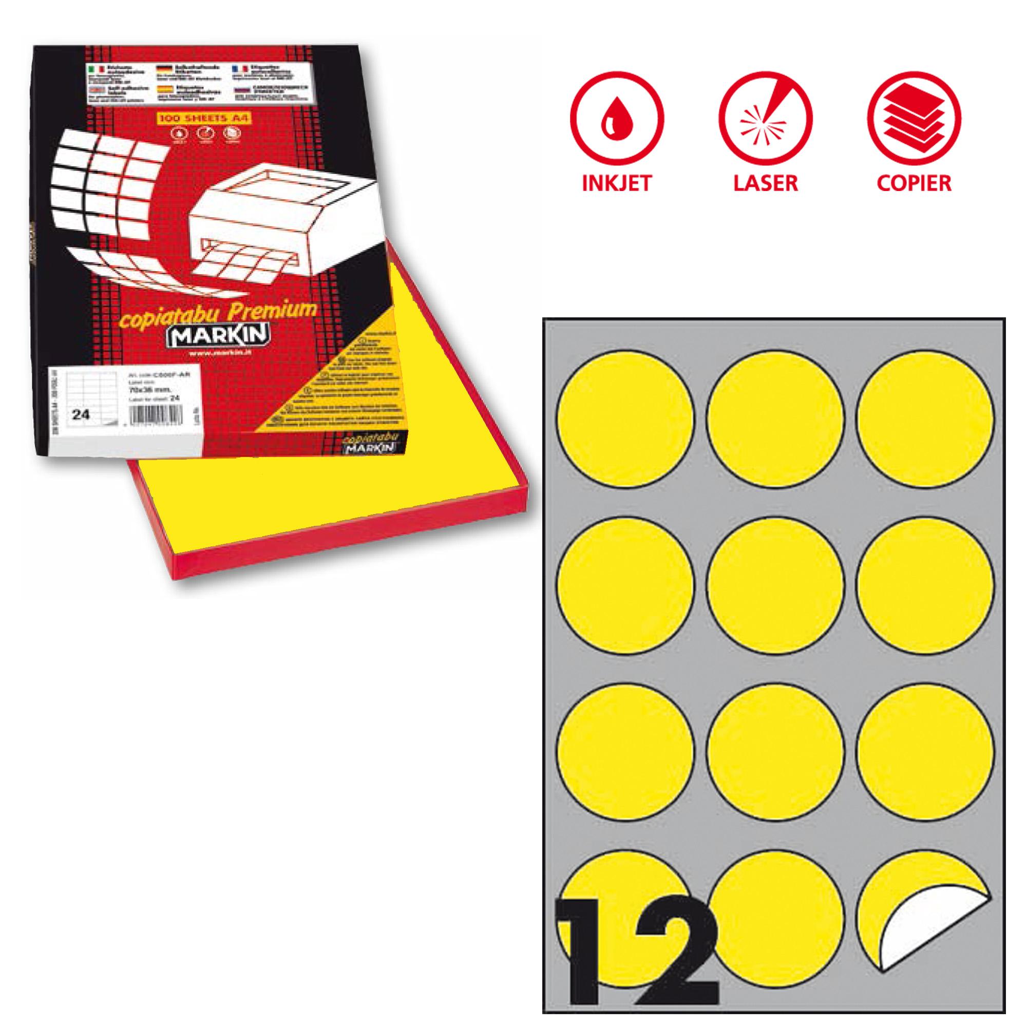 Etichette adesive R/310 - in carta - permanenti - tonde - diametro 60 mm - 12 et/fg - 100 fogli - giallo fluo - Markin