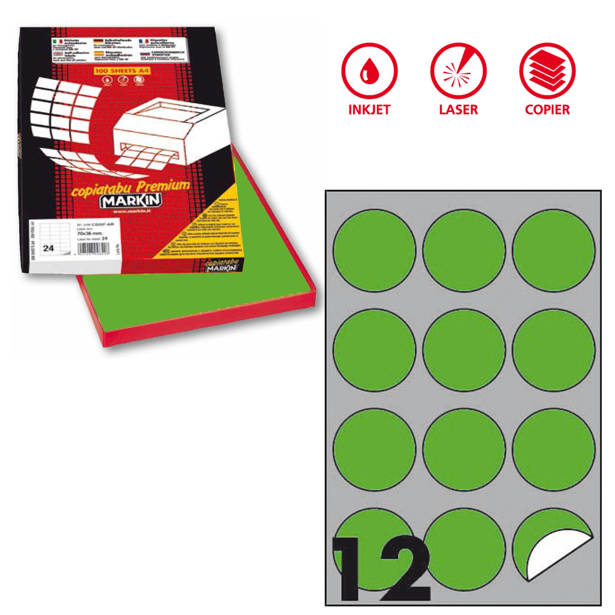 Etichette adesive R/310 - in carta - permanenti - tonde - diametro 60 mm - 12 et/fg - 100 fogli - verde fluo - Markin