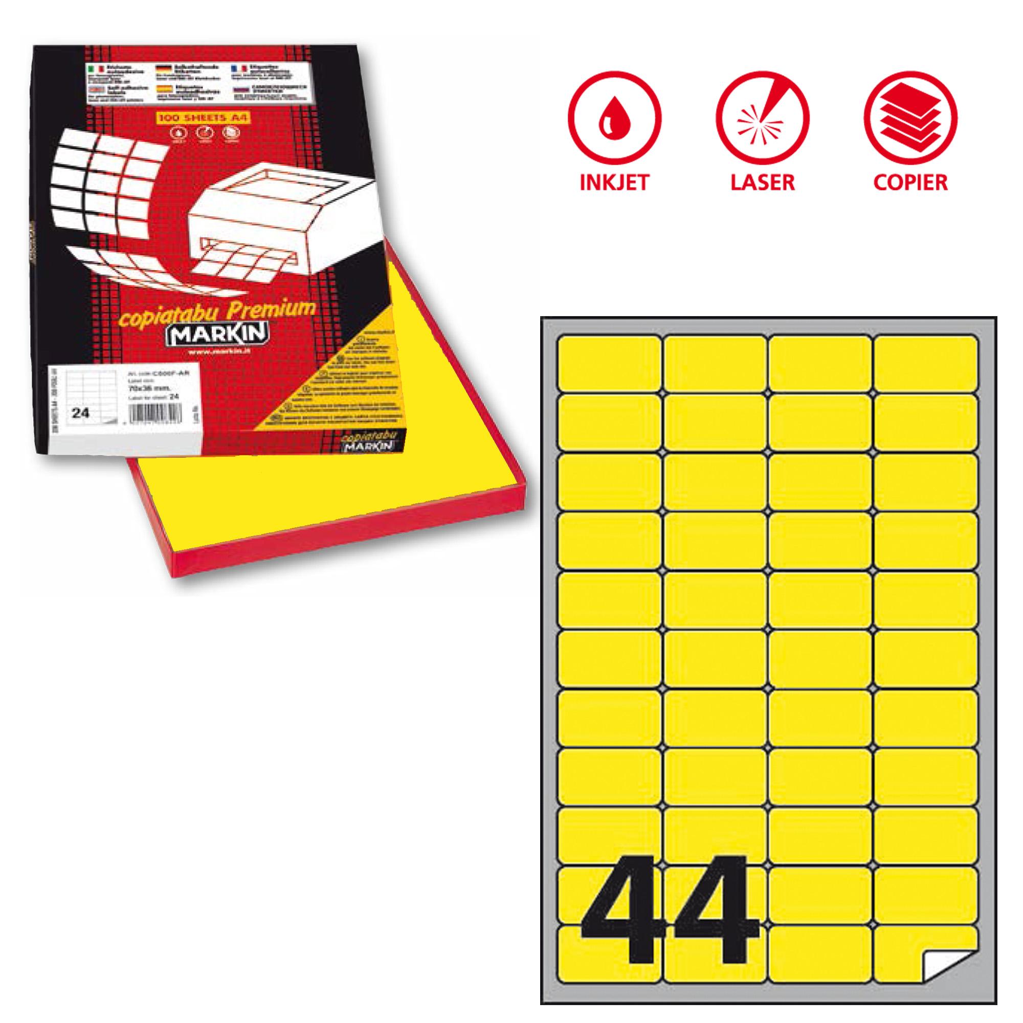 Etichette adesive A/406 - in carta - permanenti - 47,5 x 25,5 mm - 44 et/fg - 100 fogli - giallo fluo - angoli tondi - Markin