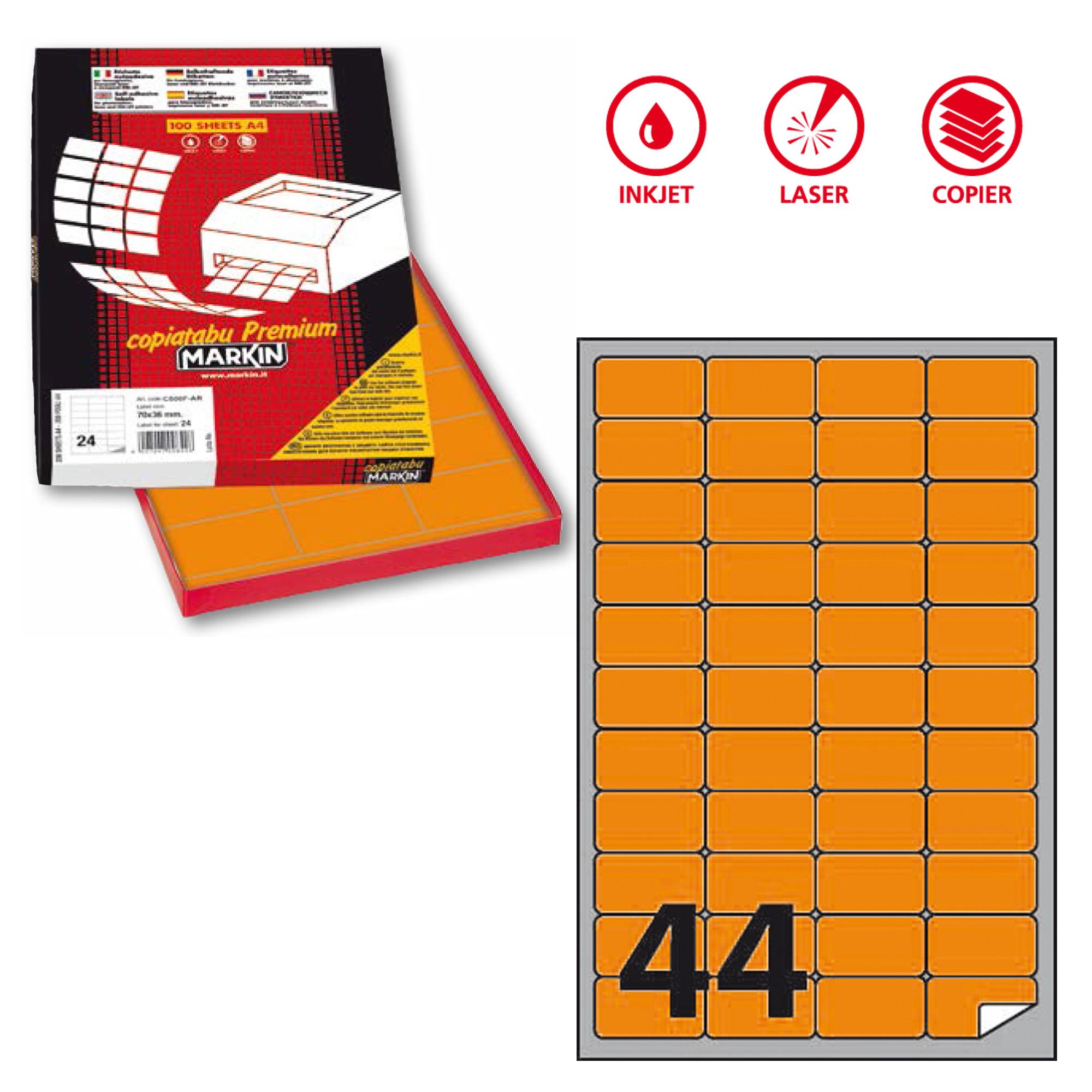 Etichette adesive A/406 - in carta - permanenti - 47,5 x 25,5 mm - 44 et/fg - 100 fogli - arancio fluo - angoli tondi - Markin