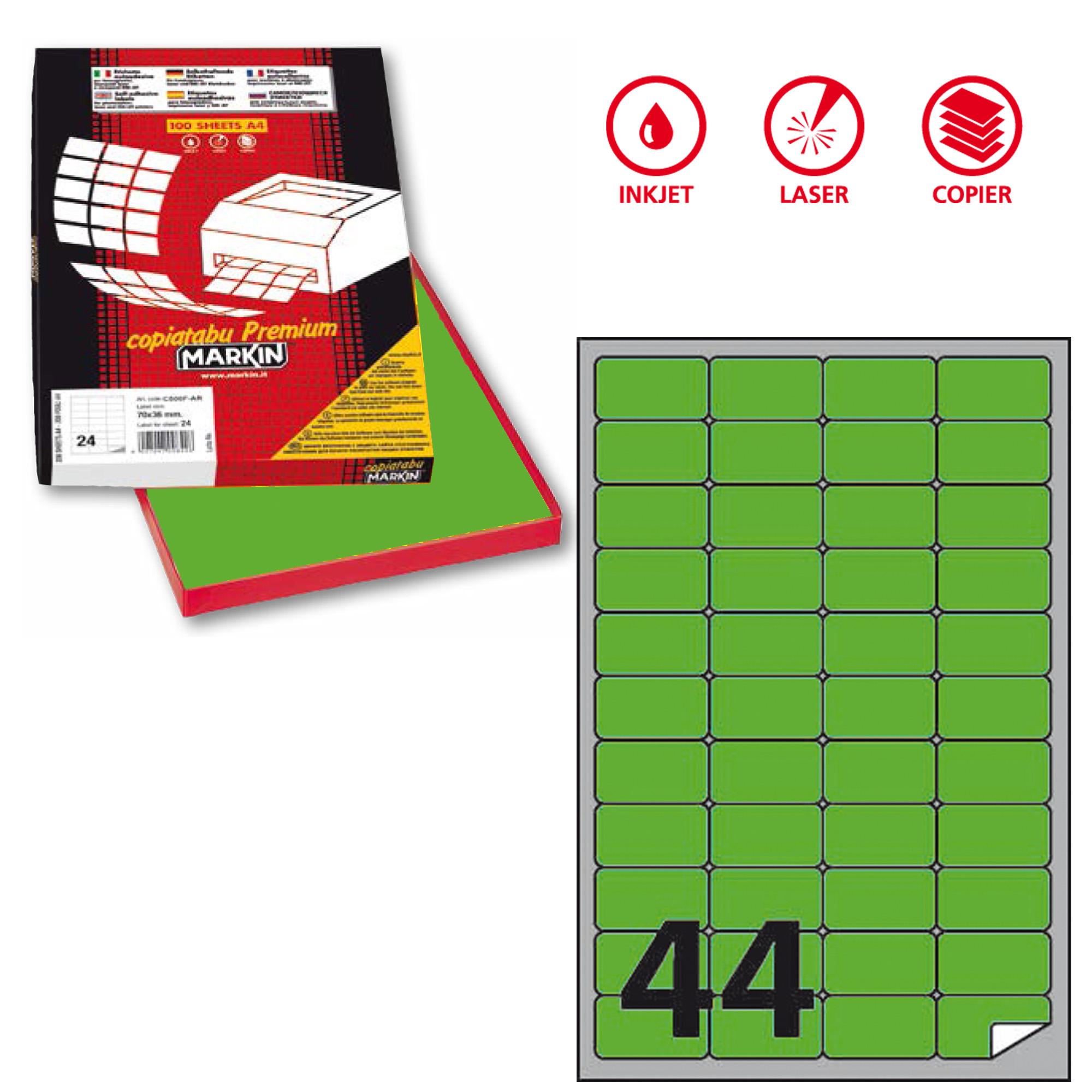 Etichette adesive A/406 - in carta - permanenti - 47,5 x 25,5 mm - 44 et/fg - 100 fogli - verde fluo - angoli tondi - Markin