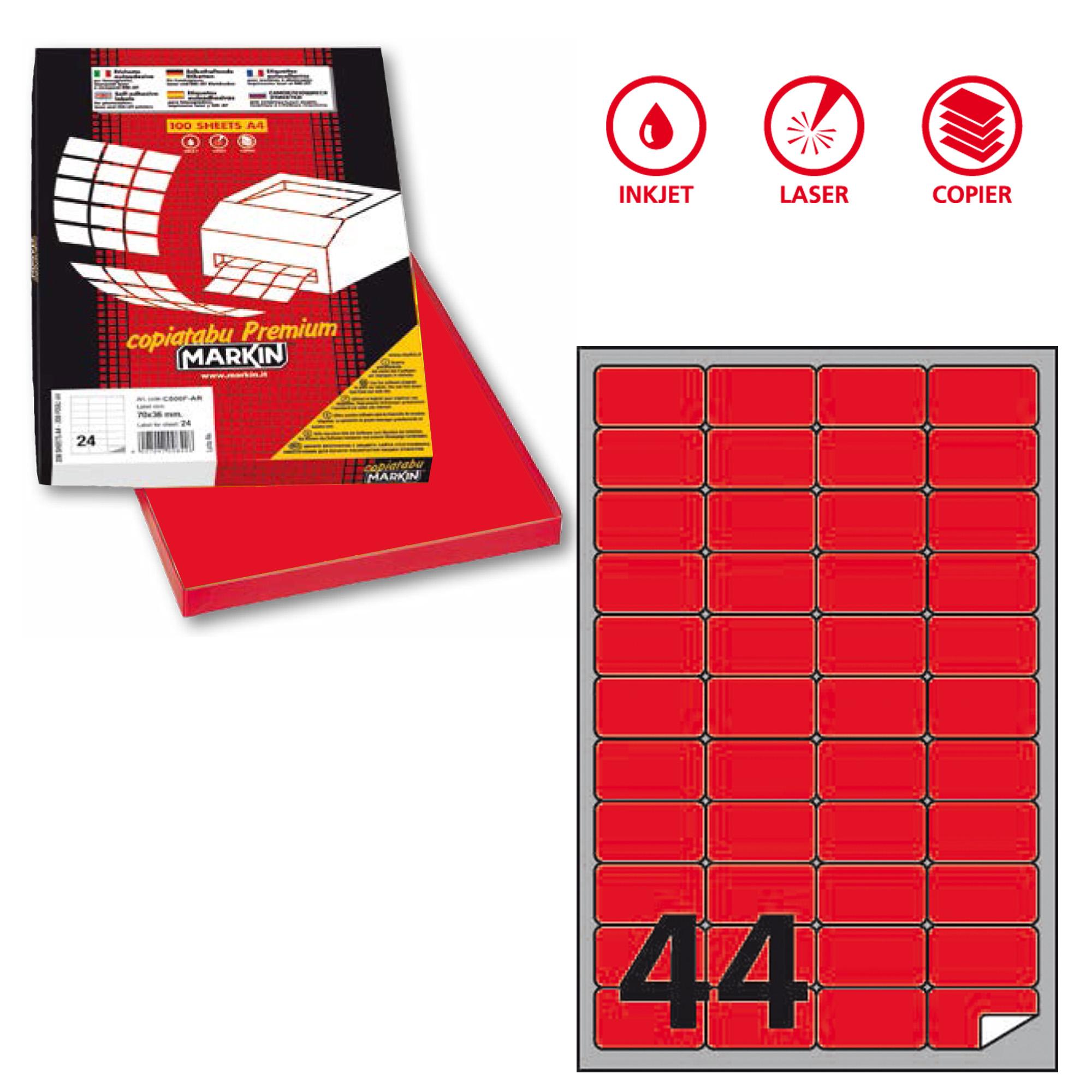 Etichette adesive A/406 - in carta - permanenti - 47,5 x 25,5 mm - 44 et/fg - 100 fogli - rosso fluo - angoli tondi - Markin