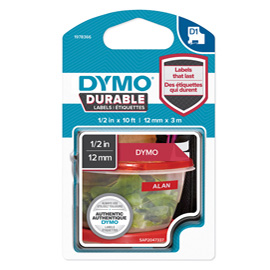 Nastro D1 Durable 1978366 - 12 mm x 3 mt - vinile - bianco/rosso - Dymo