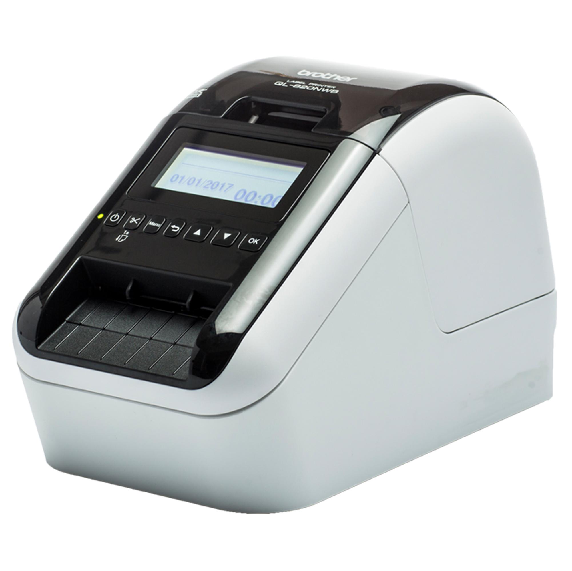 Brother QL-820NWB - Stampante per etichette - due colori (monocromatico) - termico diretto - Rotolo (6,2 cm) - 300 x 600 dpi - fino a 110 etichette/min - USB 2.0, LAN, Wi-Fi(n), host USB, Bluetooth 2.1 EDR - taglierina - bianco, nero brillante