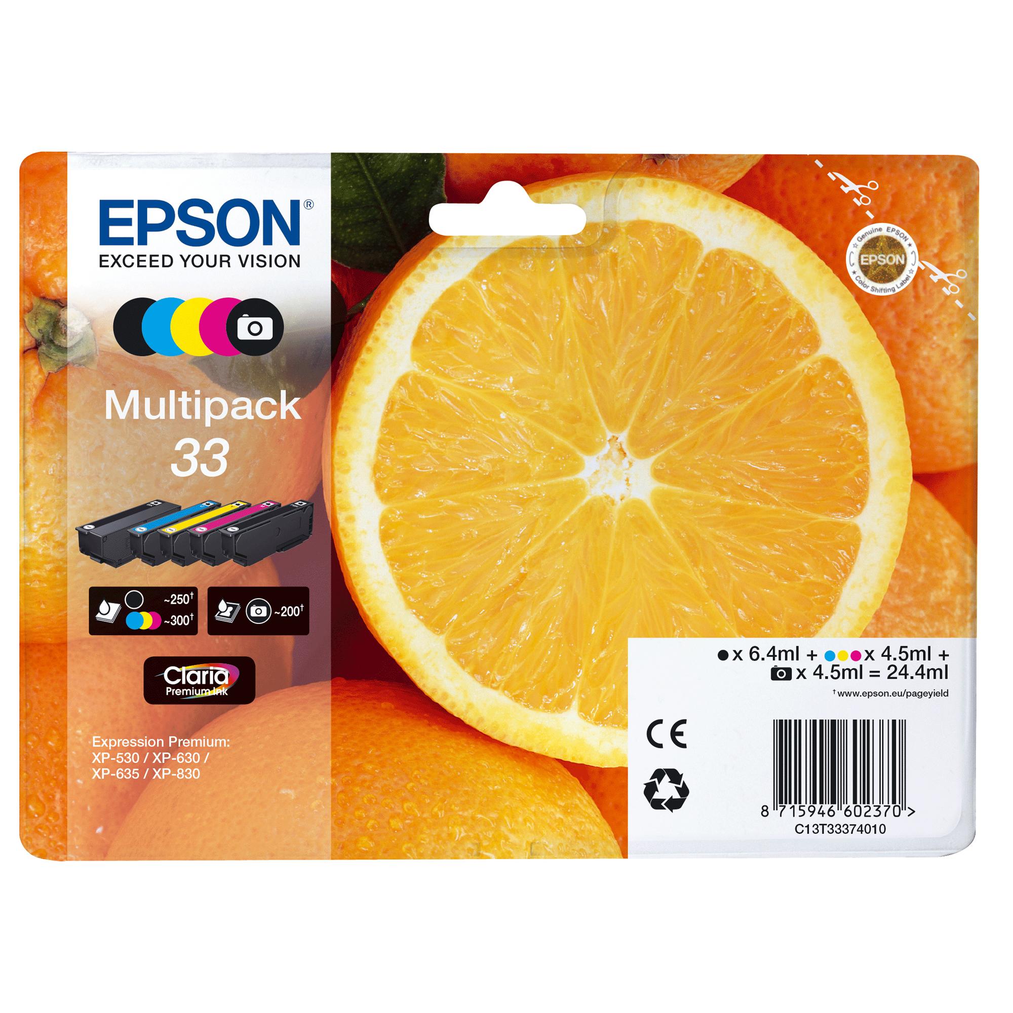 Epson 33 Multipack - Confezione da 5 - 24.4 ml - nero, giallo, ciano, magenta, nero per foto - originale - blister con radiofrequenza / allarme acustico - cartuccia d'inchiostro - per Expression Premium XP-530, XP-540, XP-630, XP-635, XP-640, XP-645, XP-8