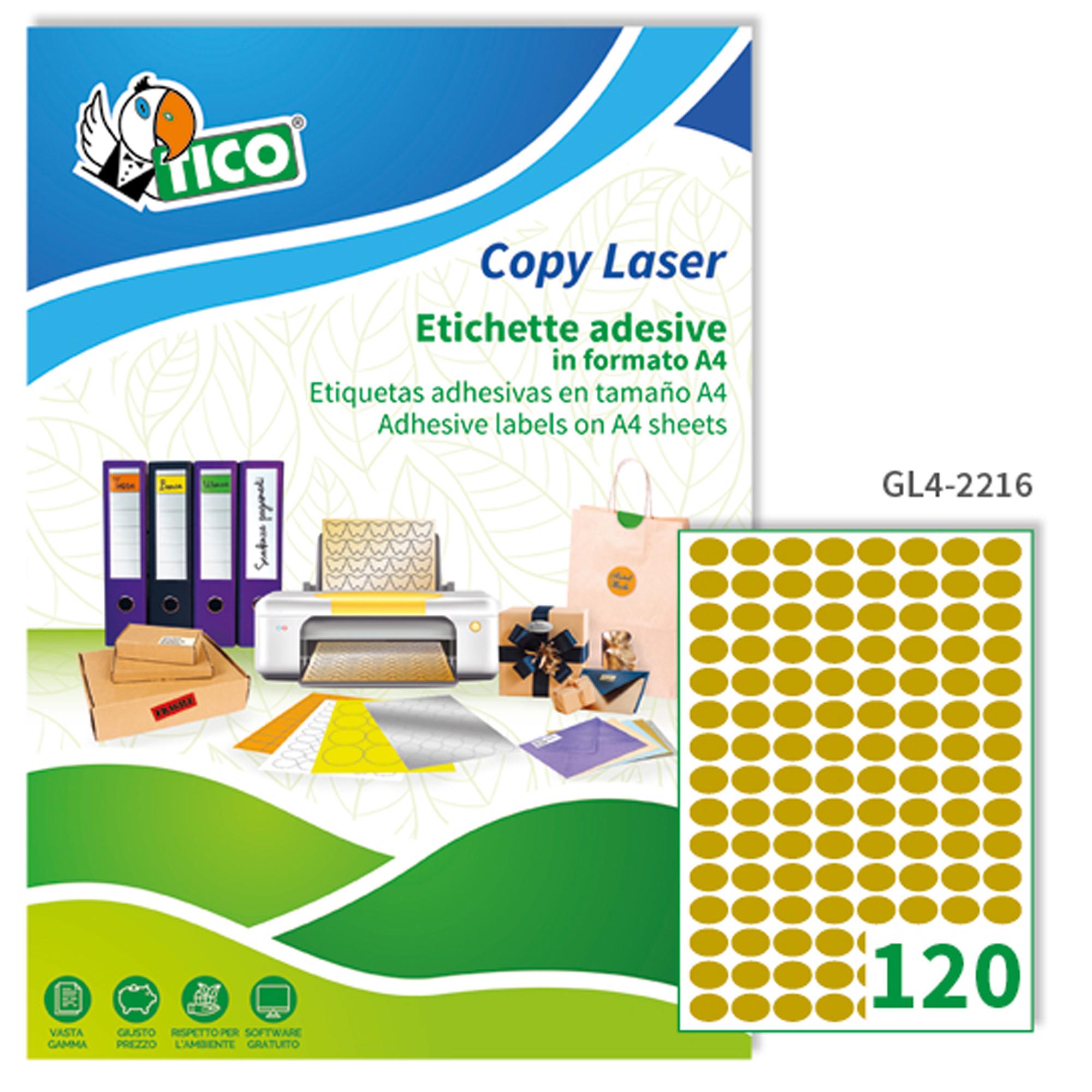 Etichetta adesiva GL4 ovale oro satinata 100fg A4 22x16mm (120et/fg Tico
