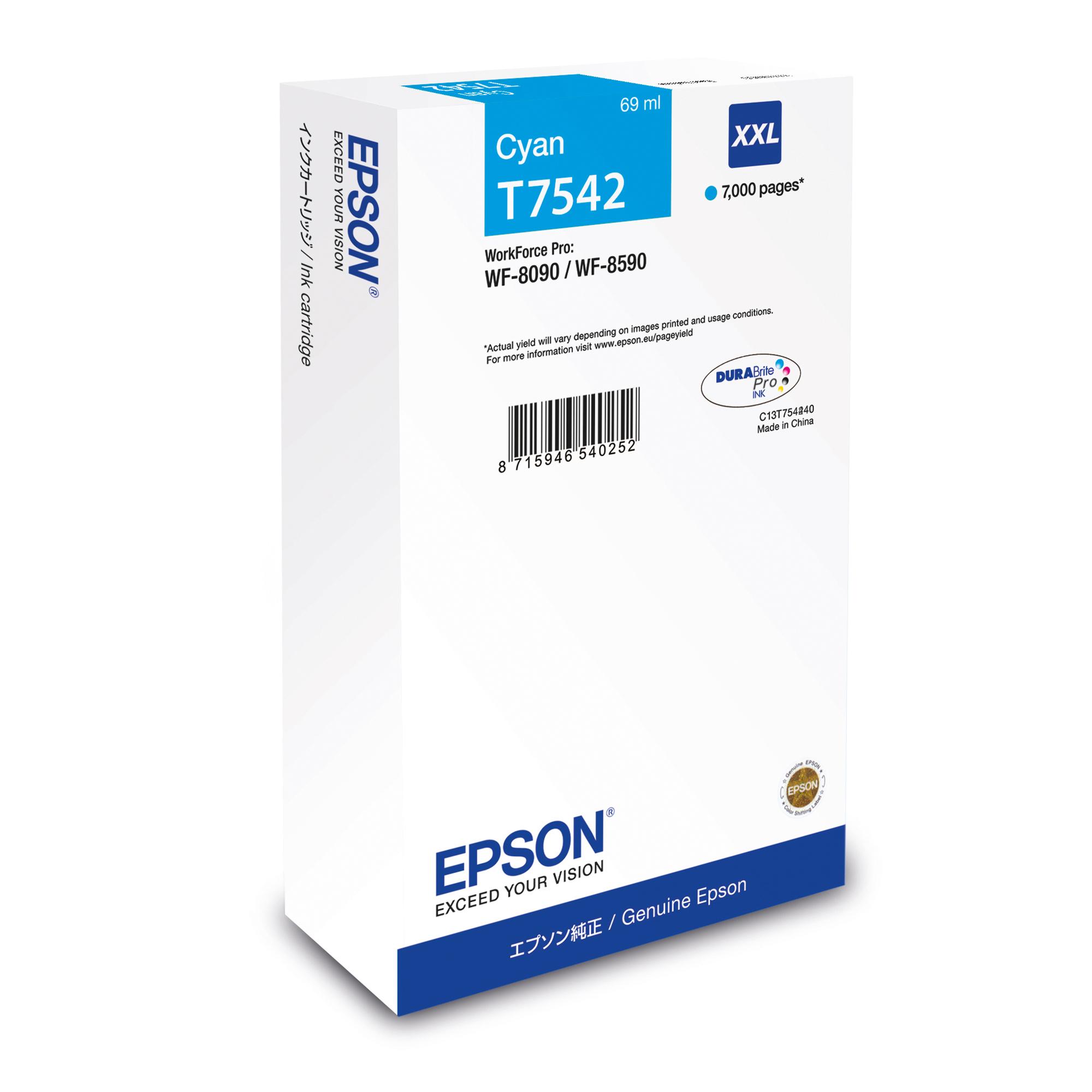 Epson T7542 - 69 ml - misura XXL - ciano - originale - cartuccia d'inchiostro - per WorkForce Pro WF-8090, WF-8090 D3TWC, WF-8090DW, WF-8590, WF-8590 D3TWFC, WF-8590DWF