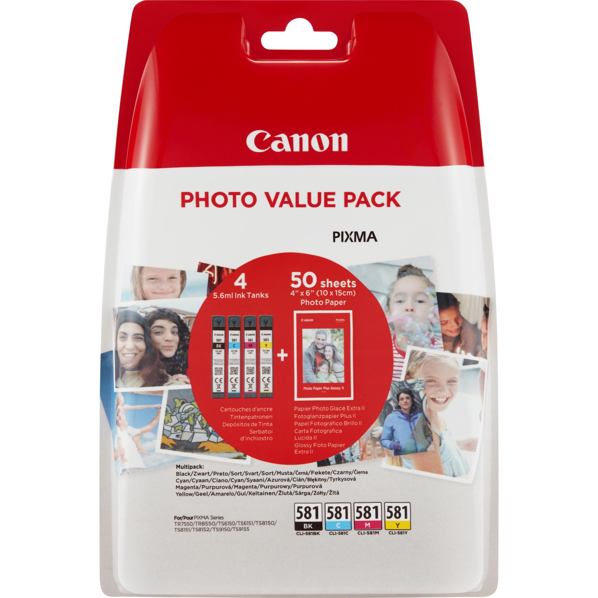 Canon CLI-581 C/M/Y/BK Photo Value Pack - Confezione da 4 - 5.6 ml - nero, giallo, ciano, magenta - originale - blister con sicurezza - kit cartuccia inchiostro / carta - per PIXMA TS6251, TS6350, TS6351, TS705, TS8251, TS8252, TS8350, TS8352, TS9550, TS9