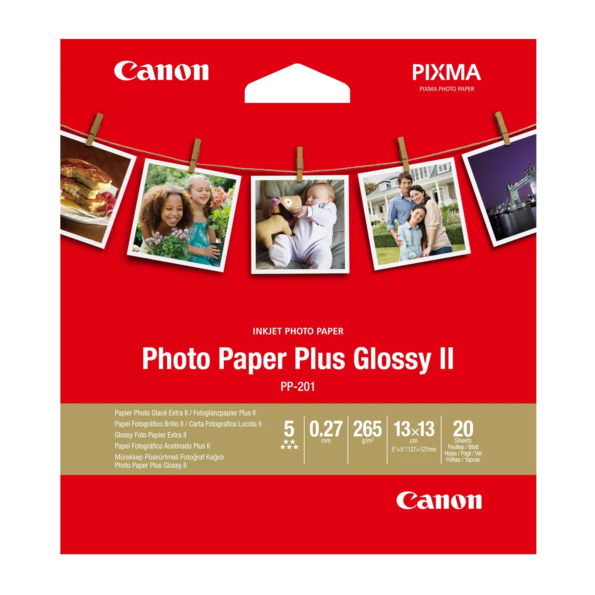 Canon Photo Paper Plus Glossy II PP-201 - Extra-lucida - 270 micron - 130 x 130 mm - 265 g/m² - 20 fogli carta fotografica - per PIXMA iP110, iP4870, iP8770, iX6560, iX6770, MP258, MX727, PRO-1, PRO-10, 100, TS7450